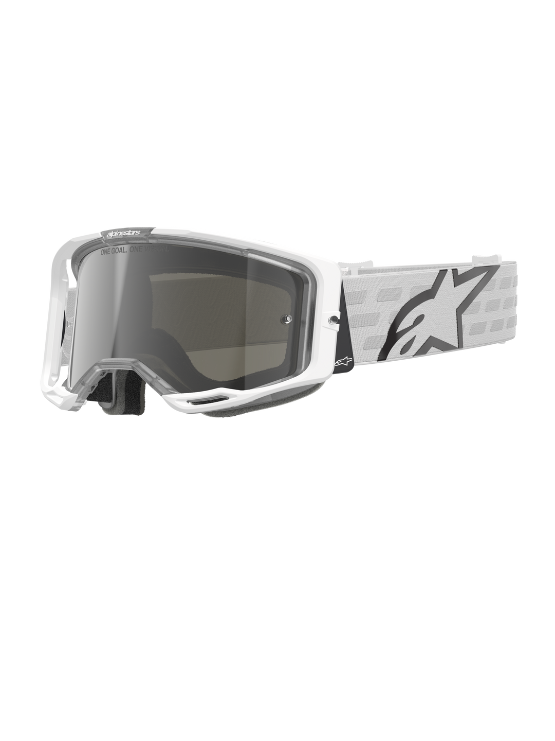 Alpinestars Vision 8 Corp Goggles, Weiße Motocross-Brille, Silbern verspiegelte Linse, Grau und weiß gemustertes Band, Offroad-Rennsportbrille, Gepolstertes Komfort-Innenfutter, Moderner rechteckiger Rahmen