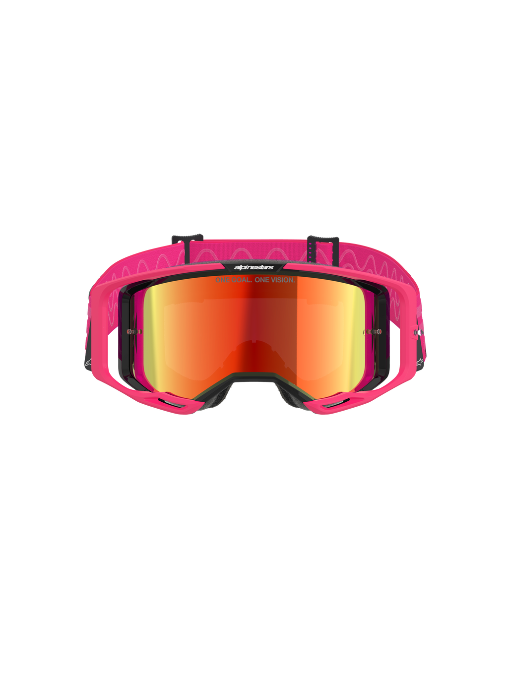 Alpinestars Vision 8 Corp Goggles, Motocross-Brille, Pinker Rahmen mit Mirror-Red-Glas, breites pinkes Band mit wellenförmigem Silikonmuster, A-FLEX-Rahmen mit Auslegern, Hochleistungs-Offroad-Schutzbrille