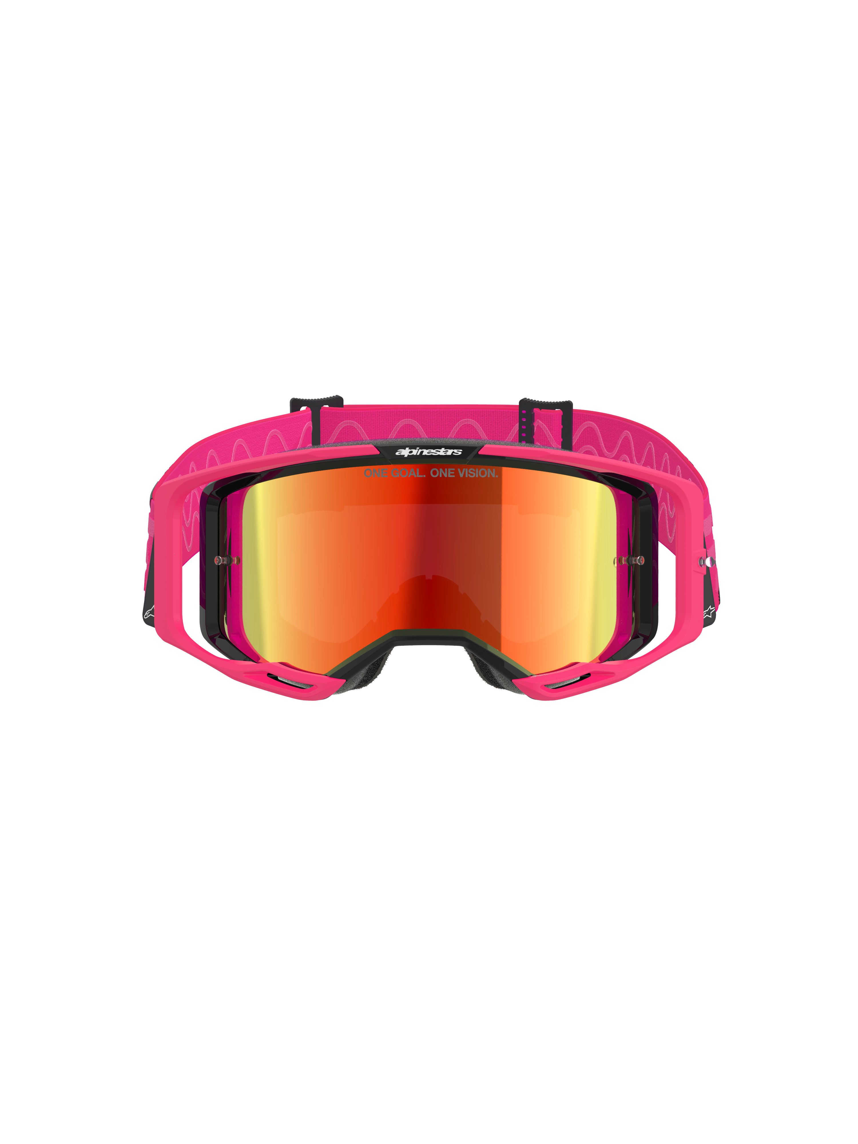 Alpinestars Vision 8 Corp Goggles, Motocross-Brille, Pinker Rahmen mit Mirror-Red-Glas, breites pinkes Band mit wellenförmigem Silikonmuster, A-FLEX-Rahmen mit Auslegern, Hochleistungs-Offroad-Schutzbrille