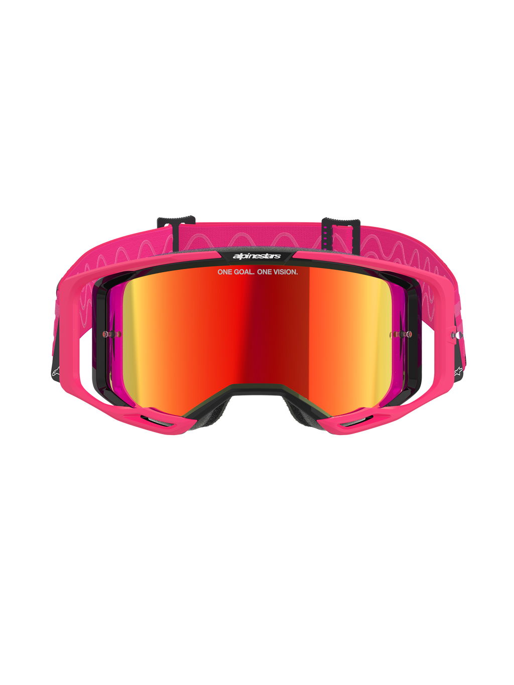 Alpinestars Vision 8 Corp Brille, Motocross-Brille, Pink Mirror Red, mit pinkfarbenem A-FLEX-Rahmen und rot verspiegelter Scheibe, pinkfarbenes Band mit weißen Wellenmustern und Logo, professionelle Offroad-Rennbrille