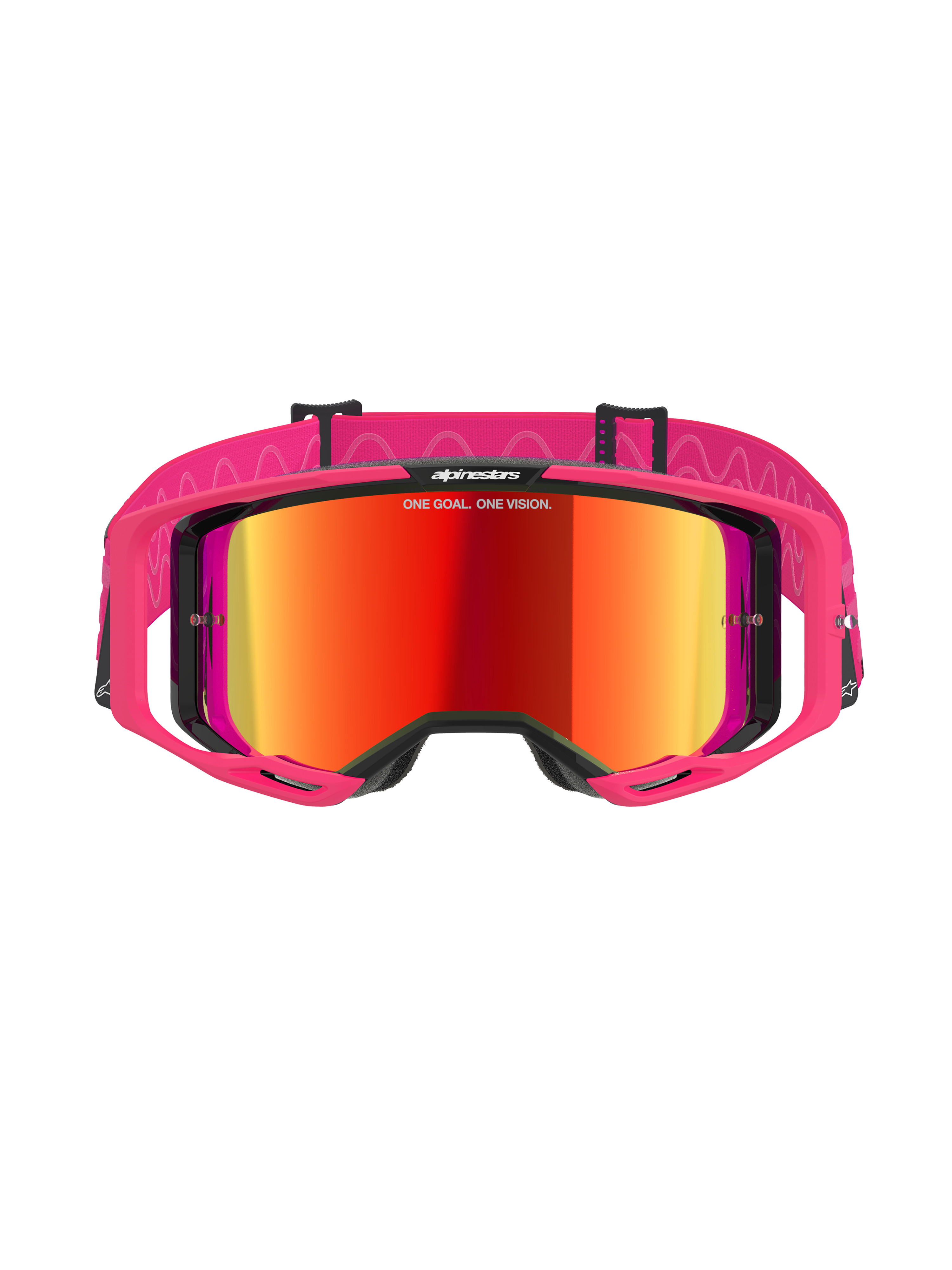 Alpinestars Vision 8 Corp Brille, Motocross-Brille, Pink Mirror Red, mit pinkfarbenem A-FLEX-Rahmen und rot verspiegelter Scheibe, pinkfarbenes Band mit weißen Wellenmustern und Logo, professionelle Offroad-Rennbrille