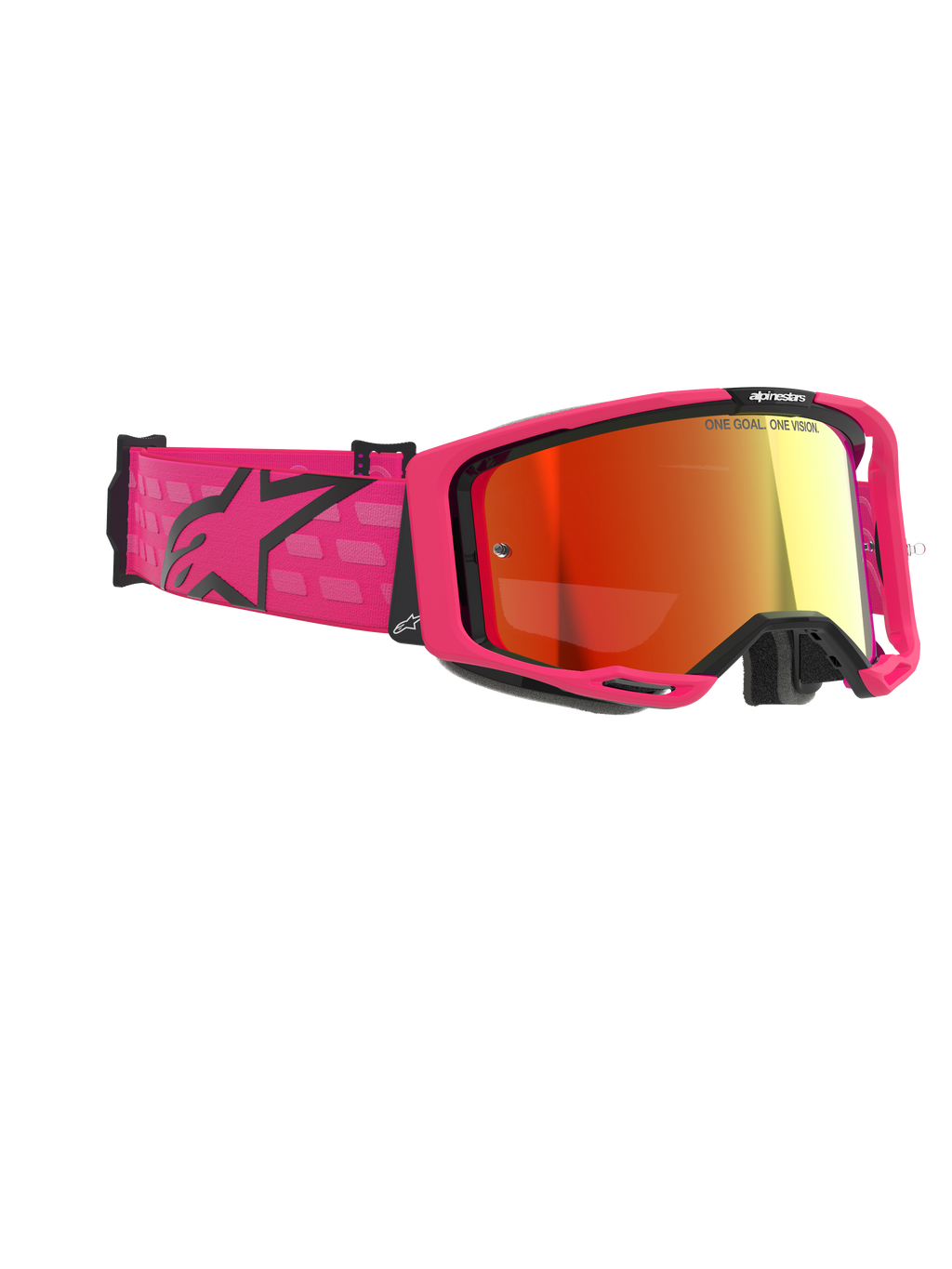 Alpinestars Vision 8 Corp Goggles, Motocross-Brille, Pink und Rot verspiegelt, mit leuchtend pinkfarbenem Rahmen und breitem Band mit schwarzem Alpinestars-Logo, rot verspiegelte Anti-Beschlag-Scheibe, Hochleistungs-Augenschutz für den Offroad-Rennsport