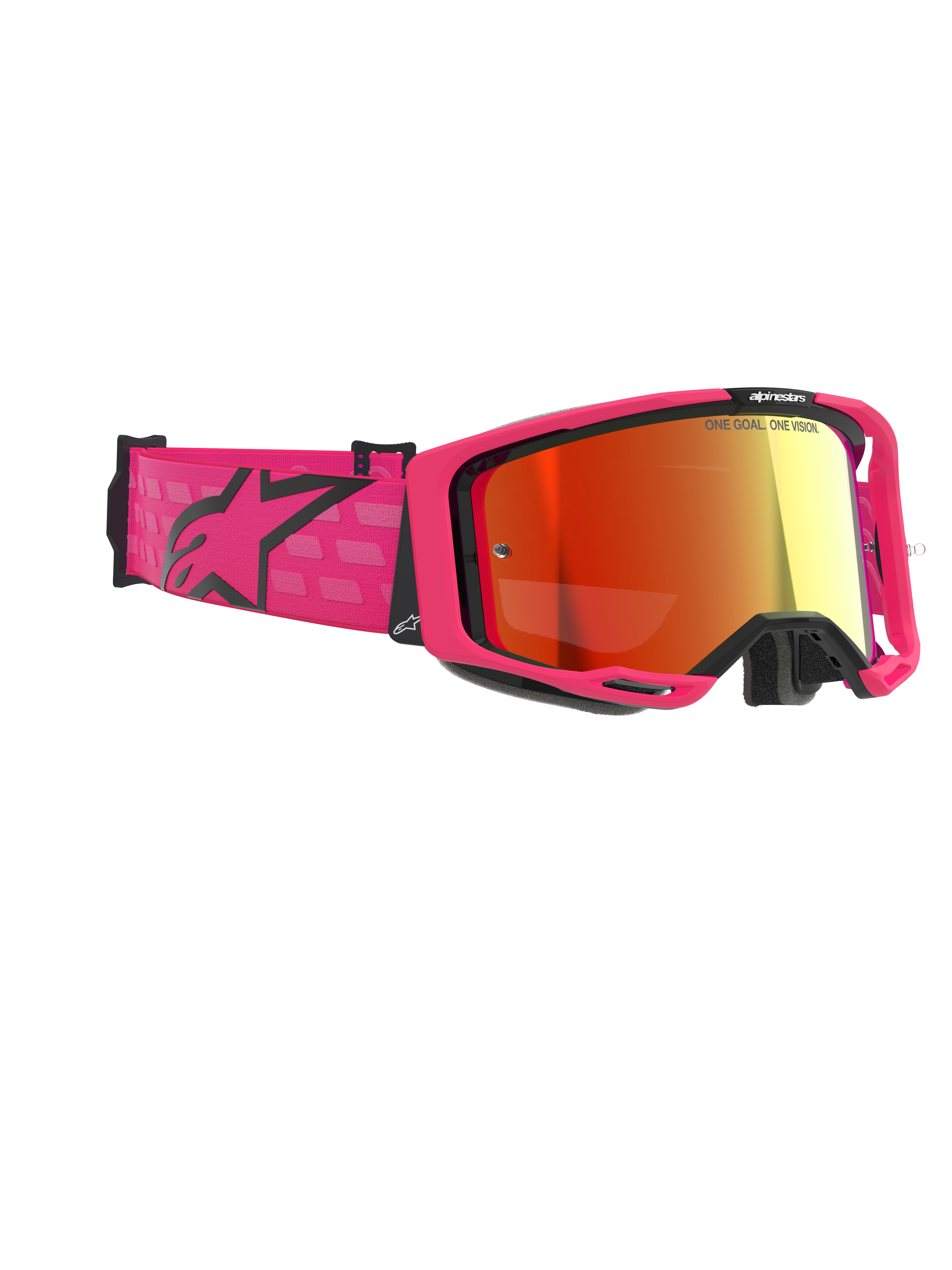 Alpinestars Vision 8 Corp Goggles, Motocross-Brille, Pink und Rot verspiegelt, mit leuchtend pinkfarbenem Rahmen und breitem Band mit schwarzem Alpinestars-Logo, rot verspiegelte Anti-Beschlag-Scheibe, Hochleistungs-Augenschutz für den Offroad-Rennsport