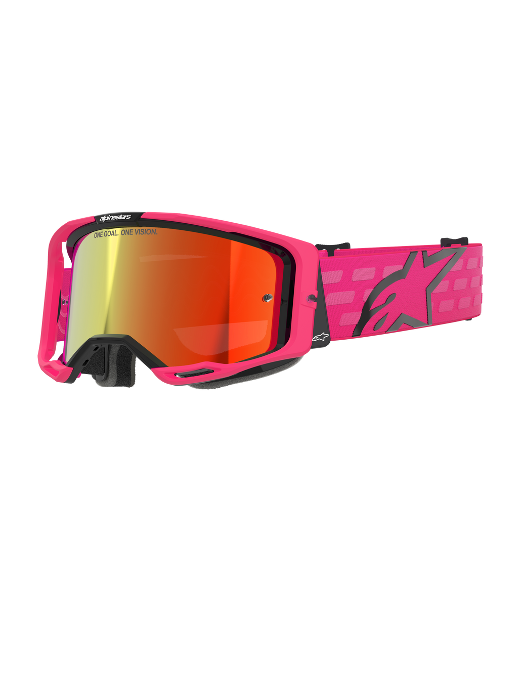 Alpinestars Vision 8 Corp Goggles, Motocross-Brille, Pink und Rot verspiegelt, pinkfarbener Rahmen mit schwarzen Akzenten, verstellbares pinkfarbenes Band mit schwarzem Logo und Karomuster, professionelle Offroad-Brille