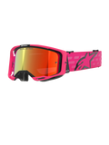 Alpinestars Vision 8 Corp Goggles, Motocross-Brille, Pink und Rot verspiegelt, pinkfarbener Rahmen mit schwarzen Akzenten, verstellbares pinkfarbenes Band mit schwarzem Logo und Karomuster, professionelle Offroad-Brille