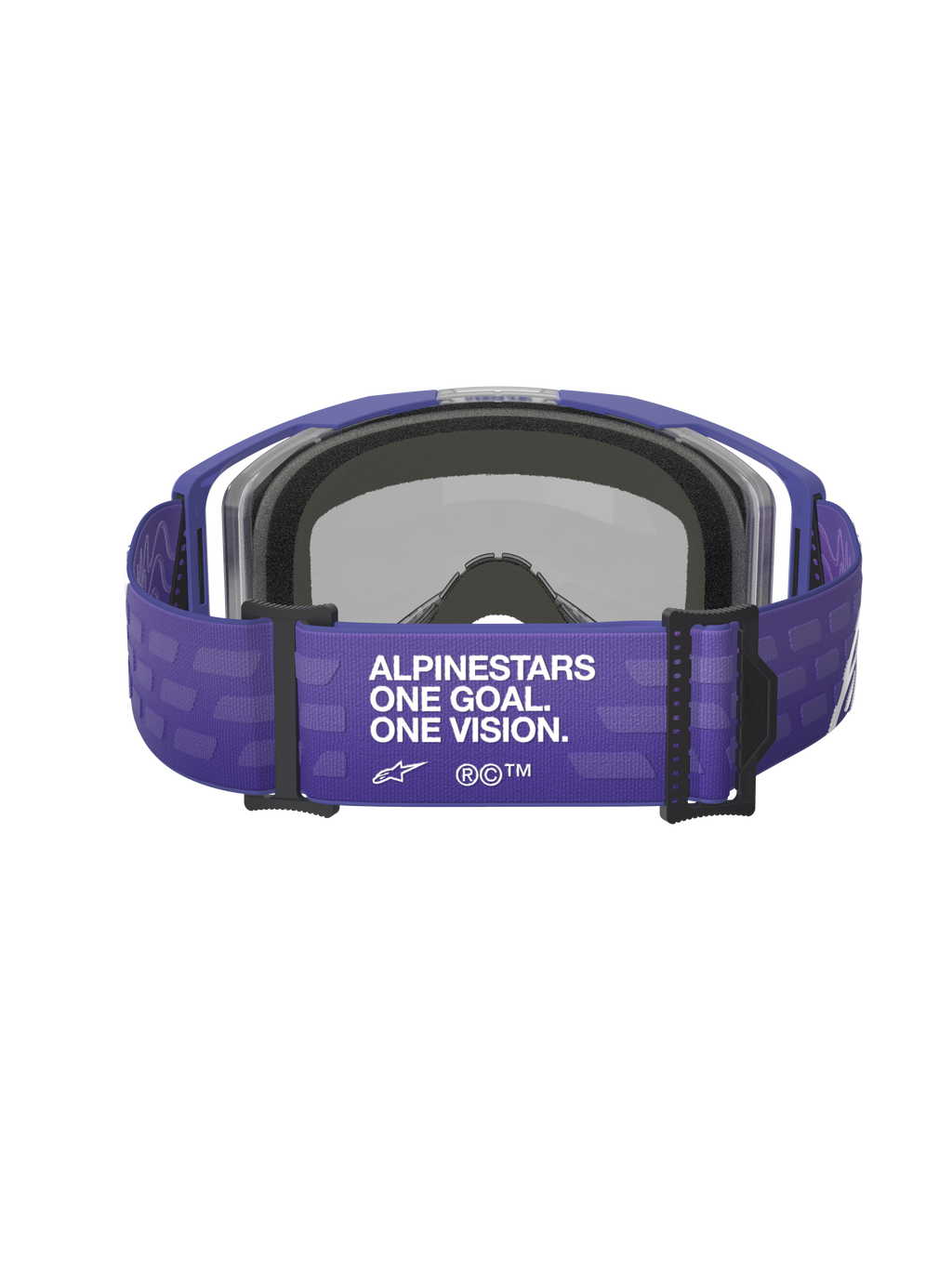 Alpinestars Vision 8 Corp Goggles, Lila, Rückansicht mit breitem lila Band und weißem „ALPINESTARS ONE GOAL. ONE VISION.“ Schriftzug, schwarzer Hardware und grauem Gesichtsschaum, Motocross-Rennbrille