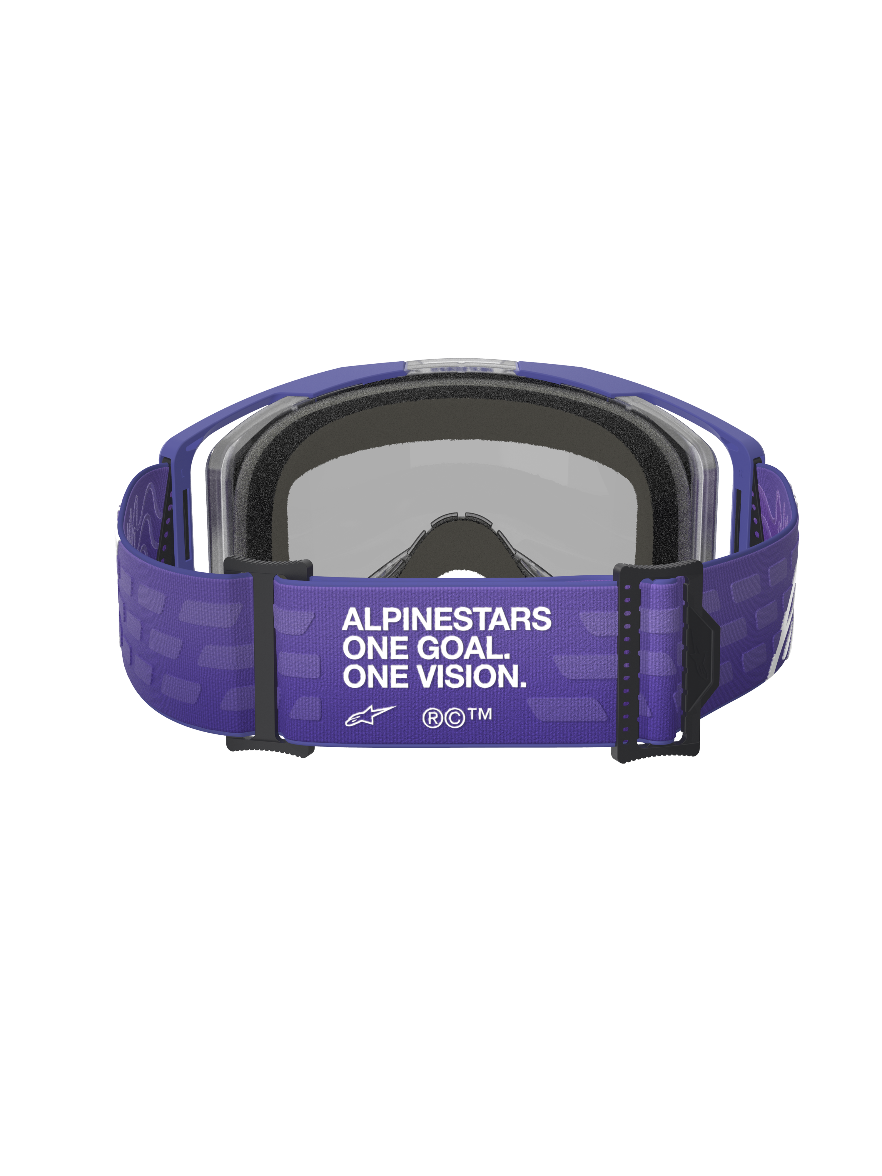 Alpinestars Vision 8 Corp Goggles, Lila, Rückansicht mit breitem lila Band und weißem „ALPINESTARS ONE GOAL. ONE VISION.“ Schriftzug, schwarzer Hardware und grauem Gesichtsschaum, Motocross-Rennbrille