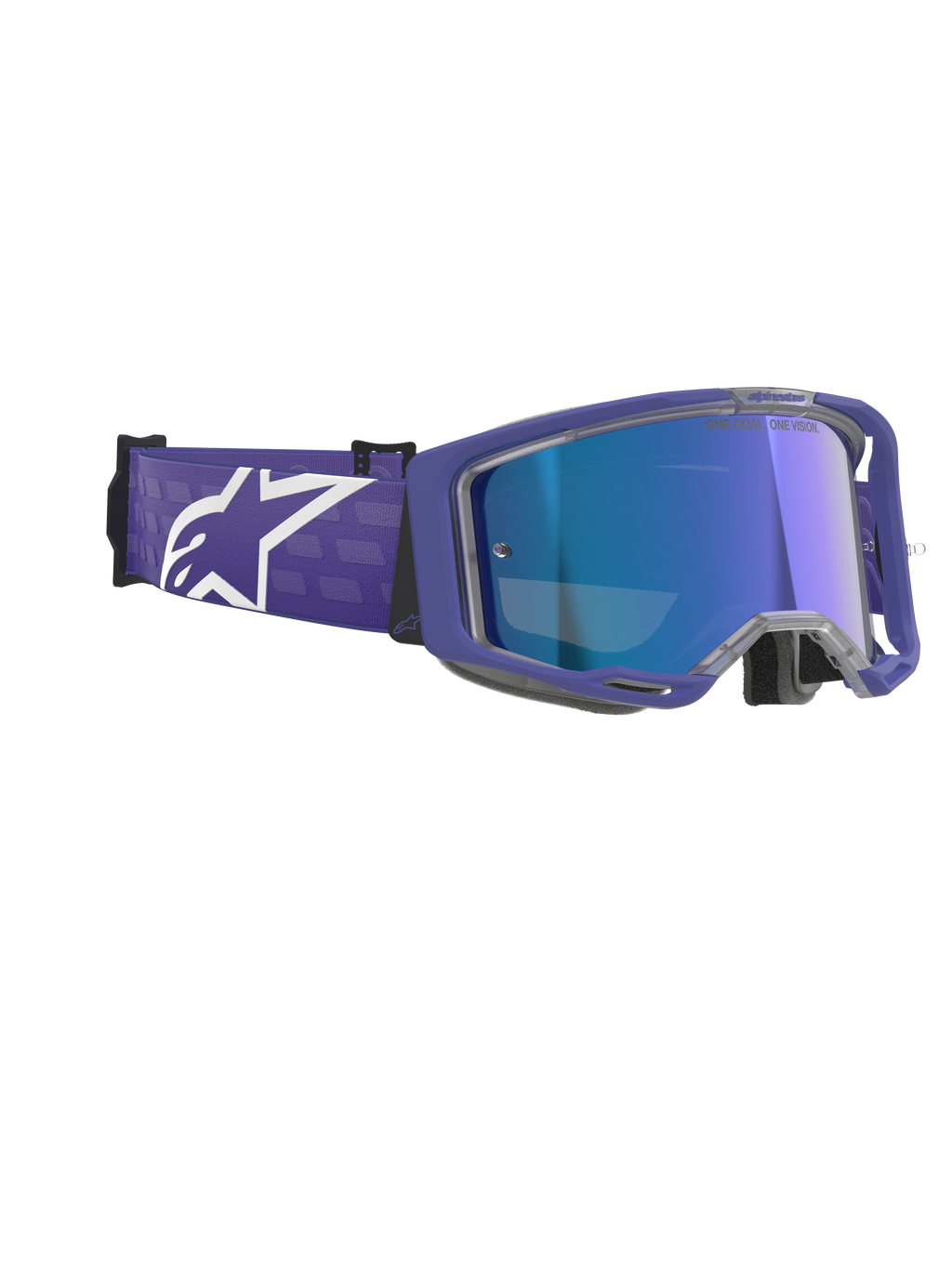 Alpinestars Vision 8 Corp Brille, Motocross-Brille, Purple Mirror Blue, lila Rahmen mit blau verspiegelter Anti-Beschlag-Linse, breites lila Band mit markantem weißem Alpinestars-Logo, Hochleistungs-Augenschutz für den Offroad-Rennsport