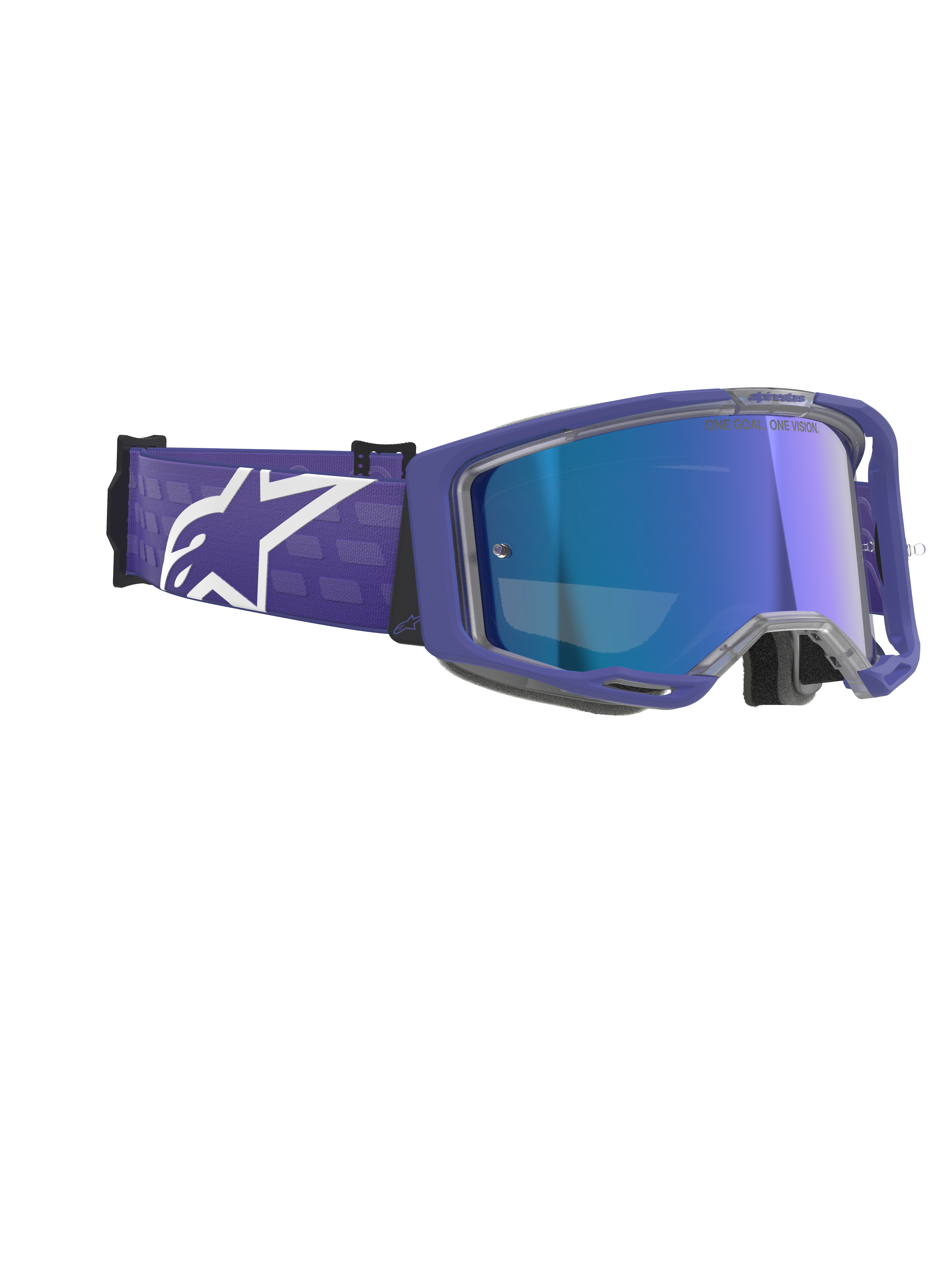 Alpinestars Vision 8 Corp Brille, Motocross-Brille, Purple Mirror Blue, lila Rahmen mit blau verspiegelter Anti-Beschlag-Linse, breites lila Band mit markantem weißem Alpinestars-Logo, Hochleistungs-Augenschutz für den Offroad-Rennsport
