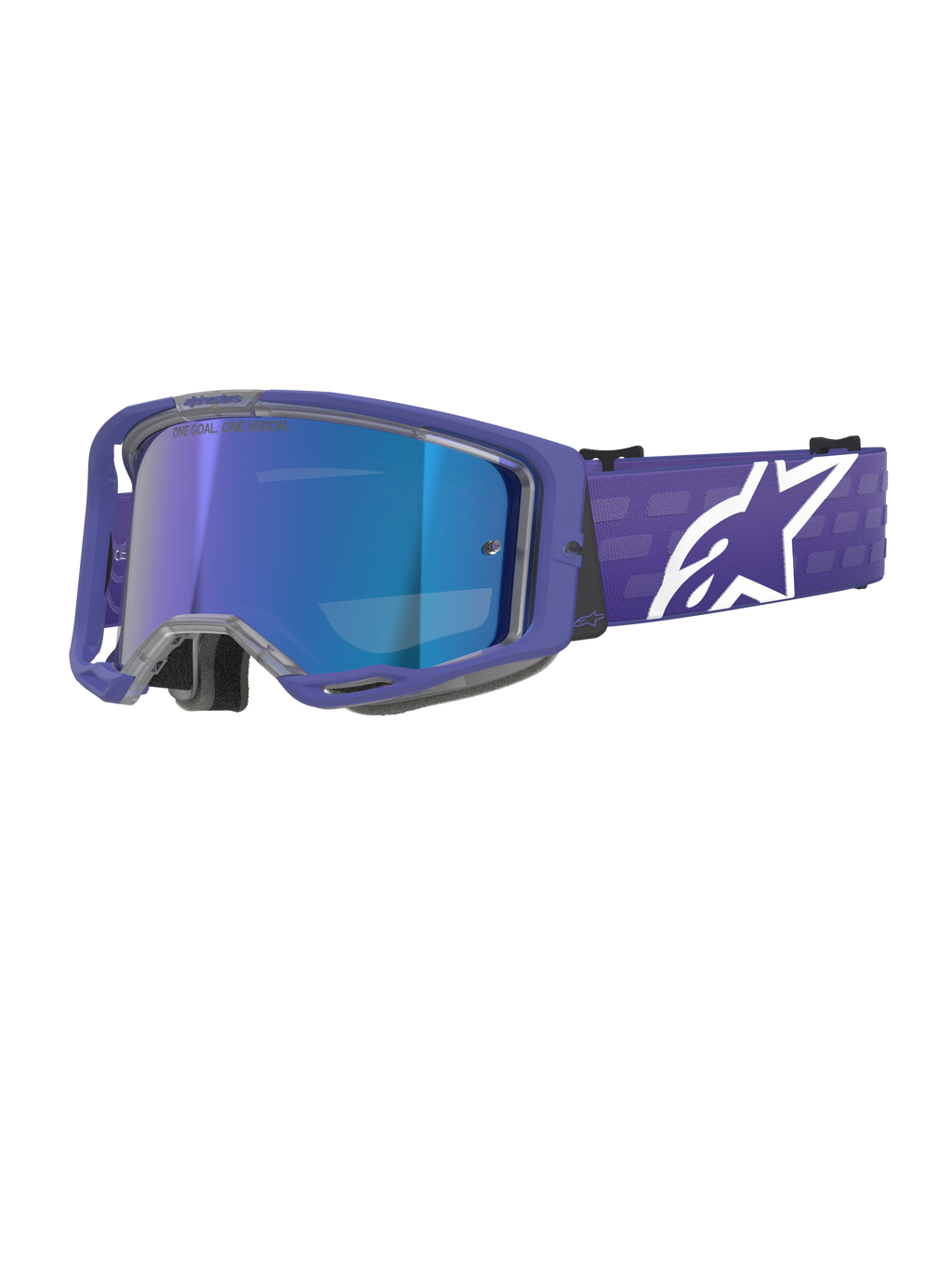 Alpinestars Vision 8 Corp Goggles, Motocross-Schutzbrille, Lila und Blau verspiegelt, blau verspiegelte Linse mit „One Goal. One Vision.“-Schriftzug, lila Rahmen mit breitem Band und weißem Alpinestars-Logo, Augenschutz für den Offroad-Rennsport