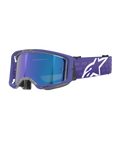 Alpinestars Vision 8 Corp Goggles, Motocross-Schutzbrille, Lila und Blau verspiegelt, blau verspiegelte Linse mit „One Goal. One Vision.“-Schriftzug, lila Rahmen mit breitem Band und weißem Alpinestars-Logo, Augenschutz für den Offroad-Rennsport