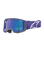 Alpinestars Vision 8 Corp Goggles, Motocross-Schutzbrille, Lila und Blau verspiegelt, blau verspiegelte Linse mit „One Goal. One Vision.“-Schriftzug, lila Rahmen mit breitem Band und weißem Alpinestars-Logo, Augenschutz für den Offroad-Rennsport