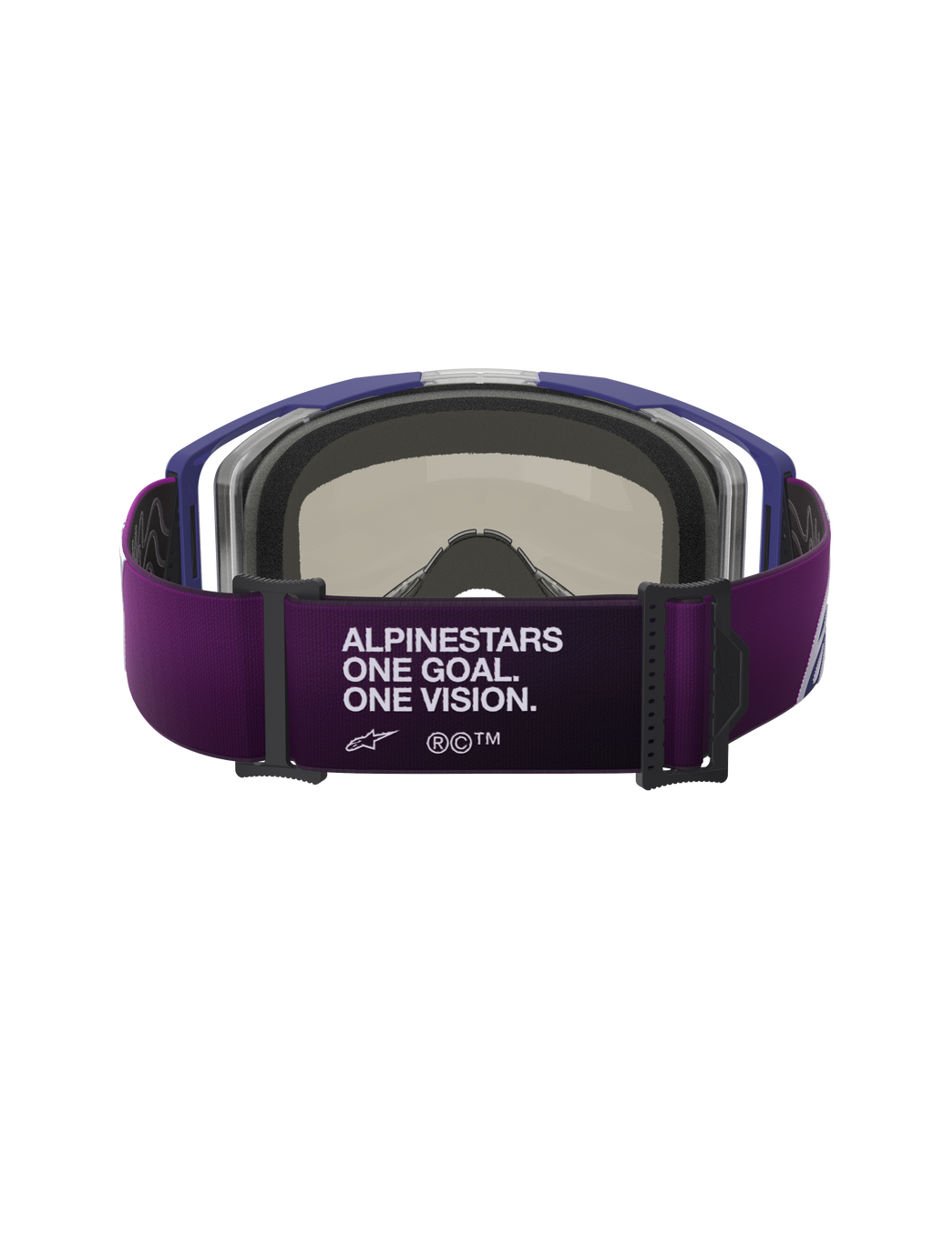 Alpinestars Vision 8 Corp Brille, Rückansicht, lilafarbenes Brillenband mit weißem „ALPINESTARS ONE GOAL. ONE VISION.“ Schriftzug, grauer 3D-geformter Gesichtsschaum, lila Rahmen, Performance-Motocross-Brille