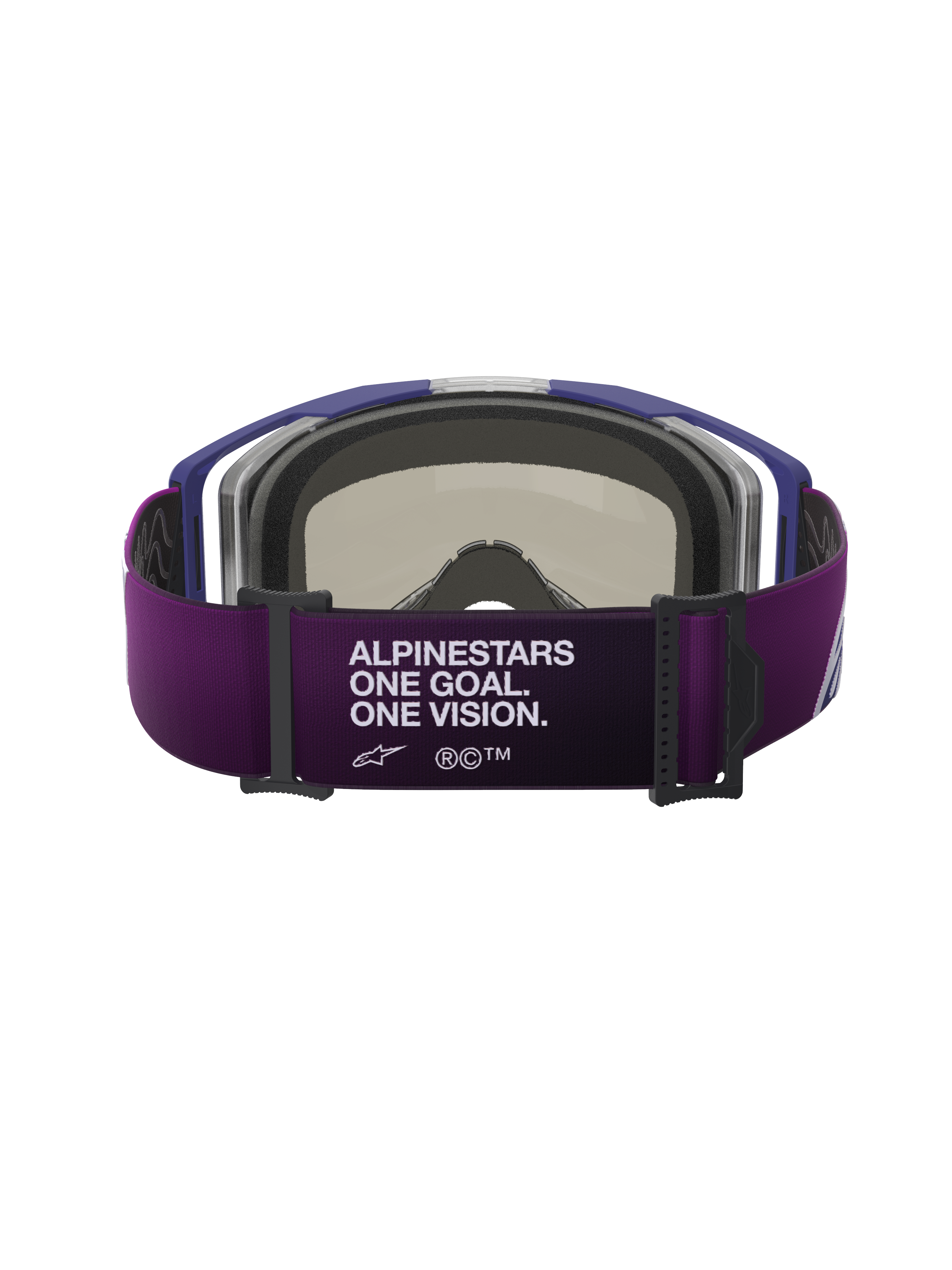 Alpinestars Vision 8 Corp Brille, Rückansicht, lilafarbenes Brillenband mit weißem „ALPINESTARS ONE GOAL. ONE VISION.“ Schriftzug, grauer 3D-geformter Gesichtsschaum, lila Rahmen, Performance-Motocross-Brille