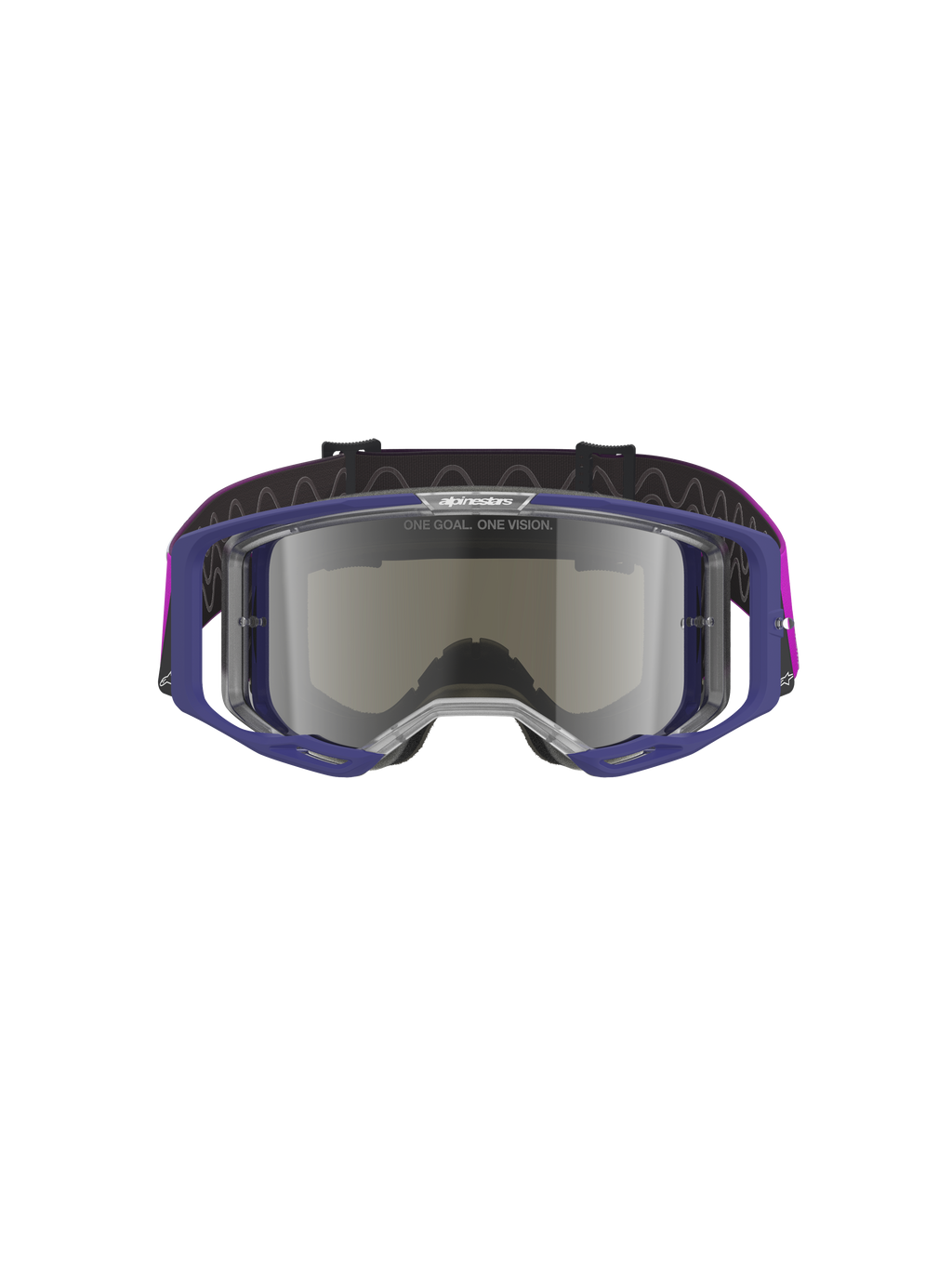Alpinestars Vision 8 Corp Goggles, Motocross-Schutzbrille mit lila Rahmen und hellgrau verspiegelter silberner Scheibe, leichte A-FLEX-Konstruktion, RAM-AIR-Belüftung, „ONE GOAL. ONE VISION.“-Branding auf der Scheibe, lila Brillenband, professioneller Offroad-Augenschutz