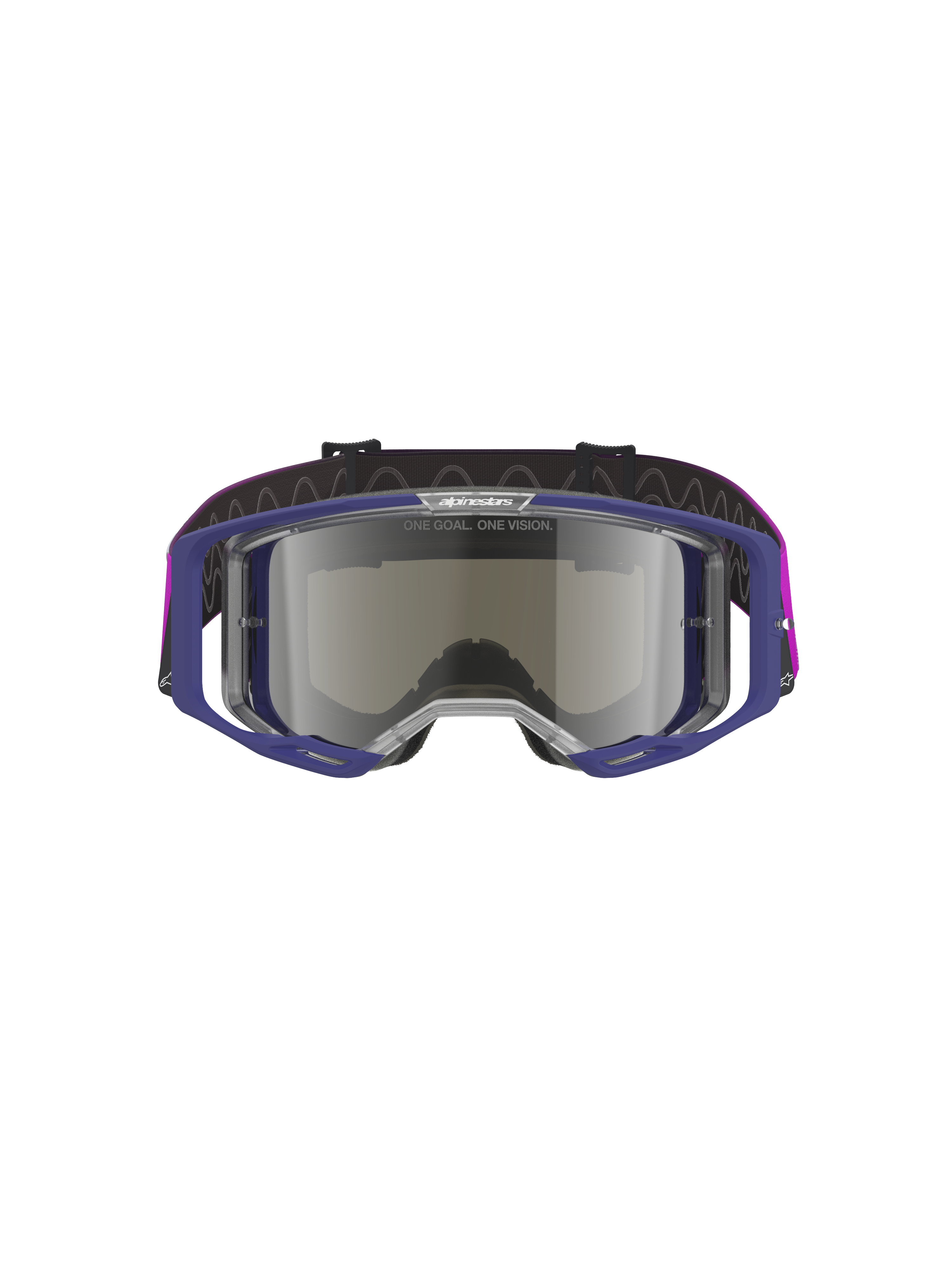 Alpinestars Vision 8 Corp Goggles, Motocross-Schutzbrille mit lila Rahmen und hellgrau verspiegelter silberner Scheibe, leichte A-FLEX-Konstruktion, RAM-AIR-Belüftung, „ONE GOAL. ONE VISION.“-Branding auf der Scheibe, lila Brillenband, professioneller Offroad-Augenschutz