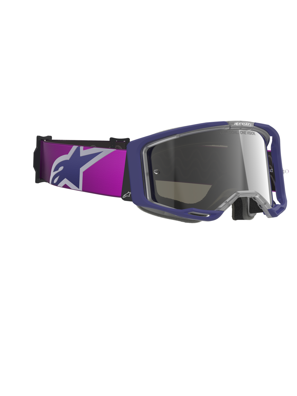 Alpinestars Vision 8 Corp Brille, Motocross-Brille, violetter Rahmen mit hellgrau verspiegeltem silbernem Glas, breites violettes Band mit großem Alpinestars-Logo, A-FLEX Rahmen-Design und getöntes verspiegeltes Glas, professionelle Offroad-Rennsportbrille