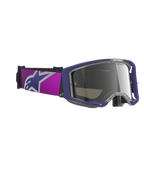 Alpinestars Vision 8 Corp Brille, Motocross-Brille, violetter Rahmen mit hellgrau verspiegeltem silbernem Glas, breites violettes Band mit großem Alpinestars-Logo, A-FLEX Rahmen-Design und getöntes verspiegeltes Glas, professionelle Offroad-Rennsportbrille