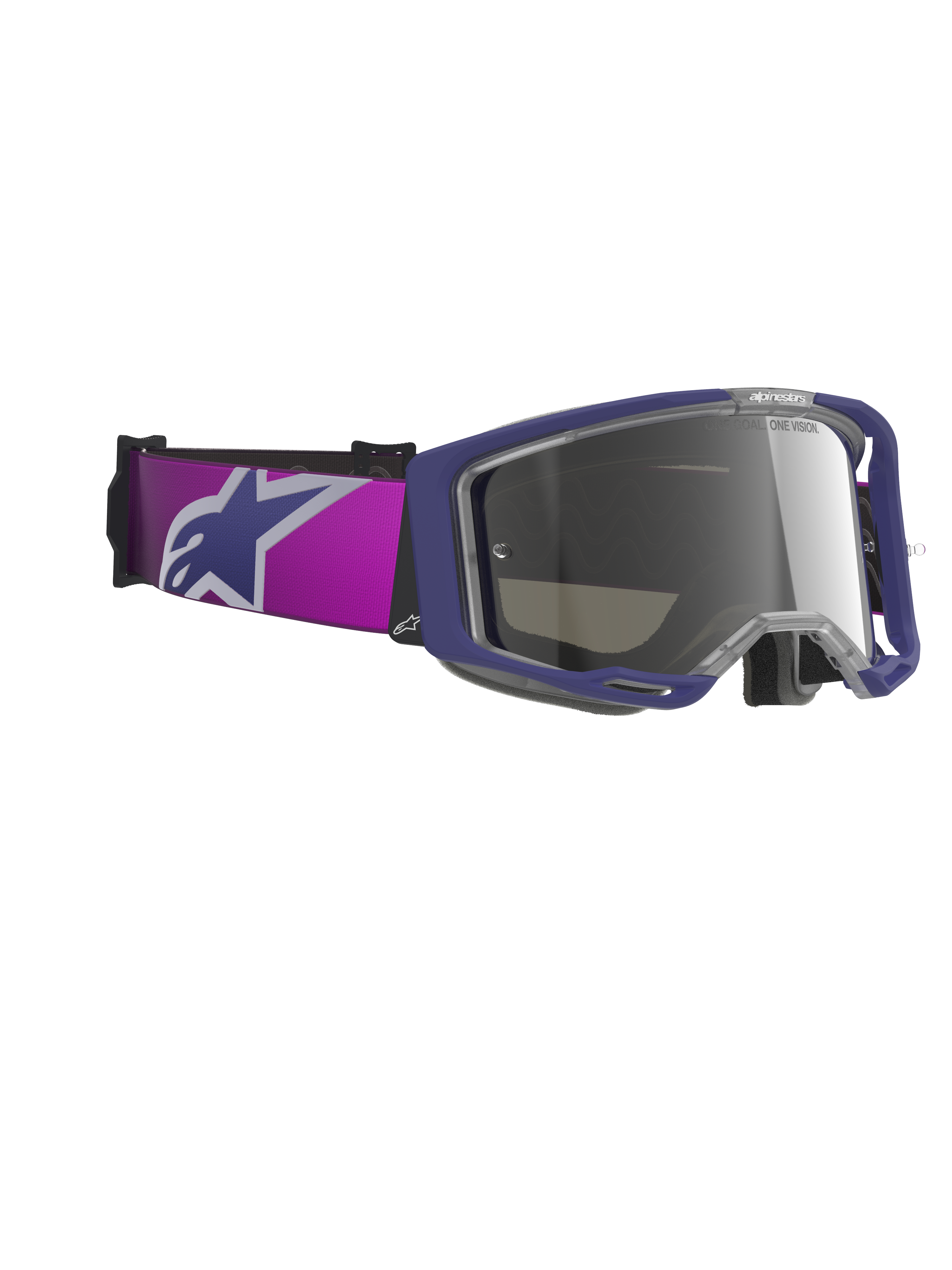 Alpinestars Vision 8 Corp Brille, Motocross-Brille, violetter Rahmen mit hellgrau verspiegeltem silbernem Glas, breites violettes Band mit großem Alpinestars-Logo, A-FLEX Rahmen-Design und getöntes verspiegeltes Glas, professionelle Offroad-Rennsportbrille