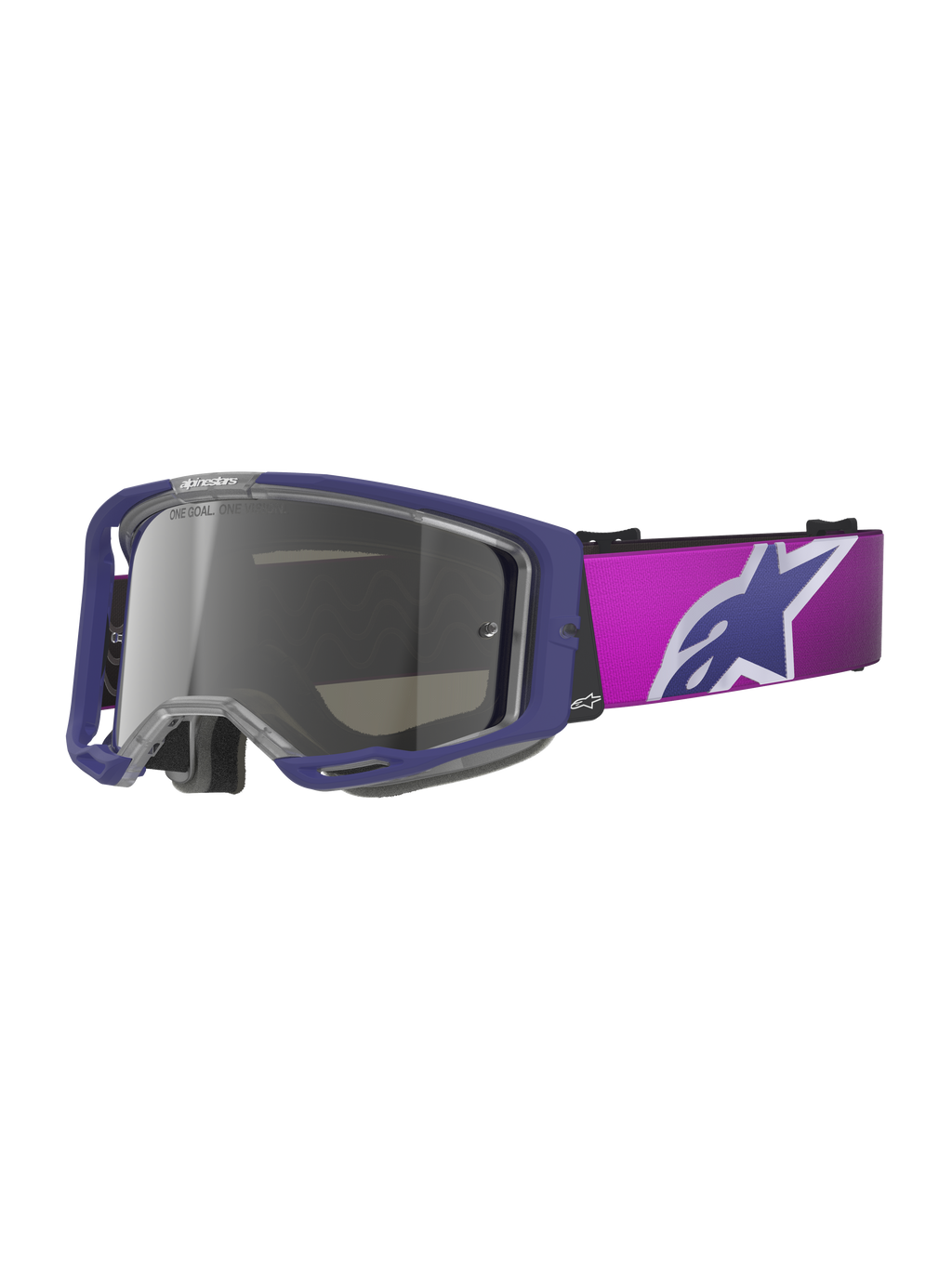 Alpinestars Vision 8 Corp Schutzbrille, Motocross-Brille, Lila und Pink mit hellgrau verspiegelter Silver-Scheibe, großes Alpinestars Stern-Logo auf dem Brillenband, leichtes A-FLEX Rahmendesign für Offroad-Rennsport