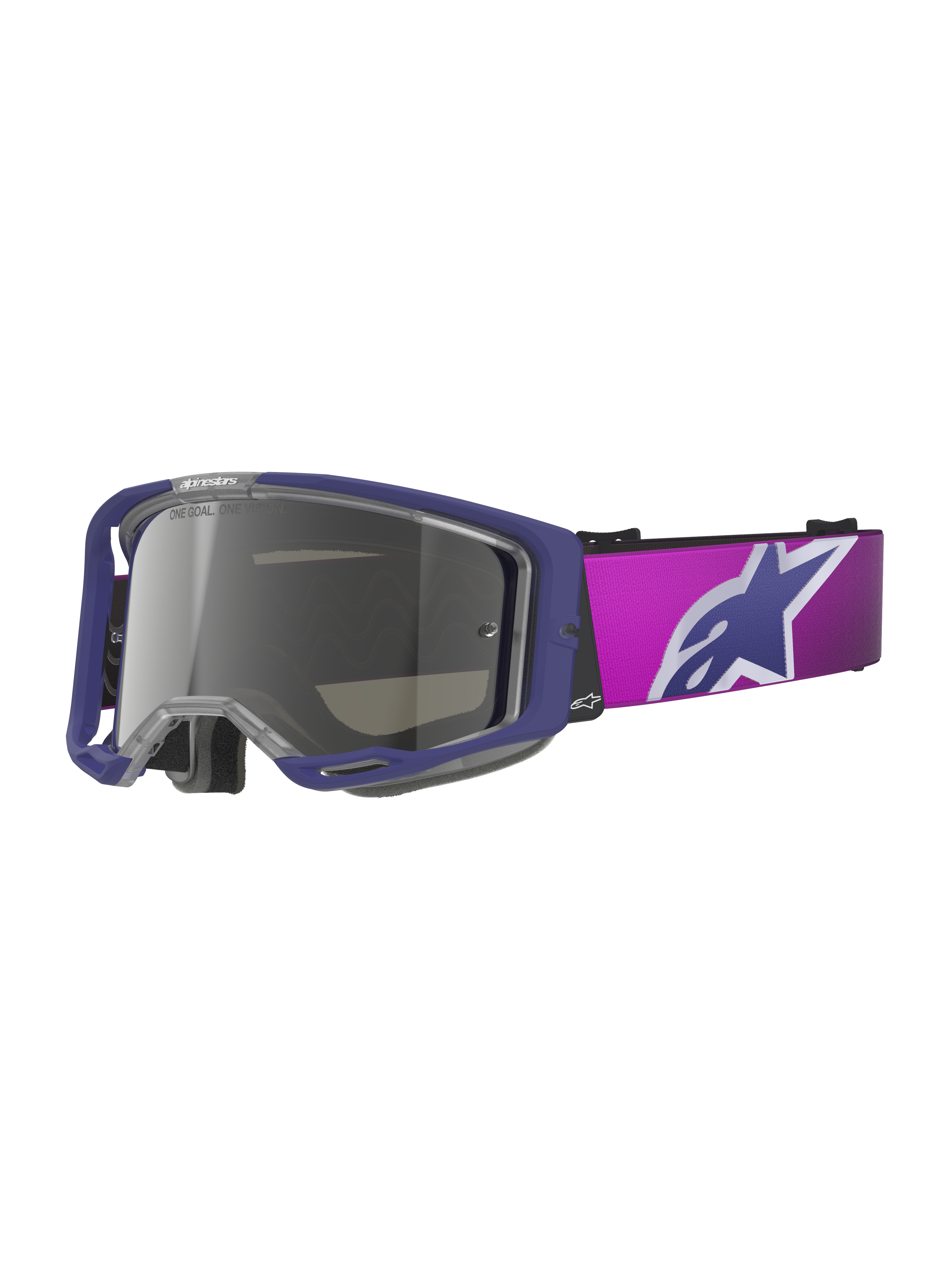 Alpinestars Vision 8 Corp Schutzbrille, Motocross-Brille, Lila und Pink mit hellgrau verspiegelter Silver-Scheibe, großes Alpinestars Stern-Logo auf dem Brillenband, leichtes A-FLEX Rahmendesign für Offroad-Rennsport