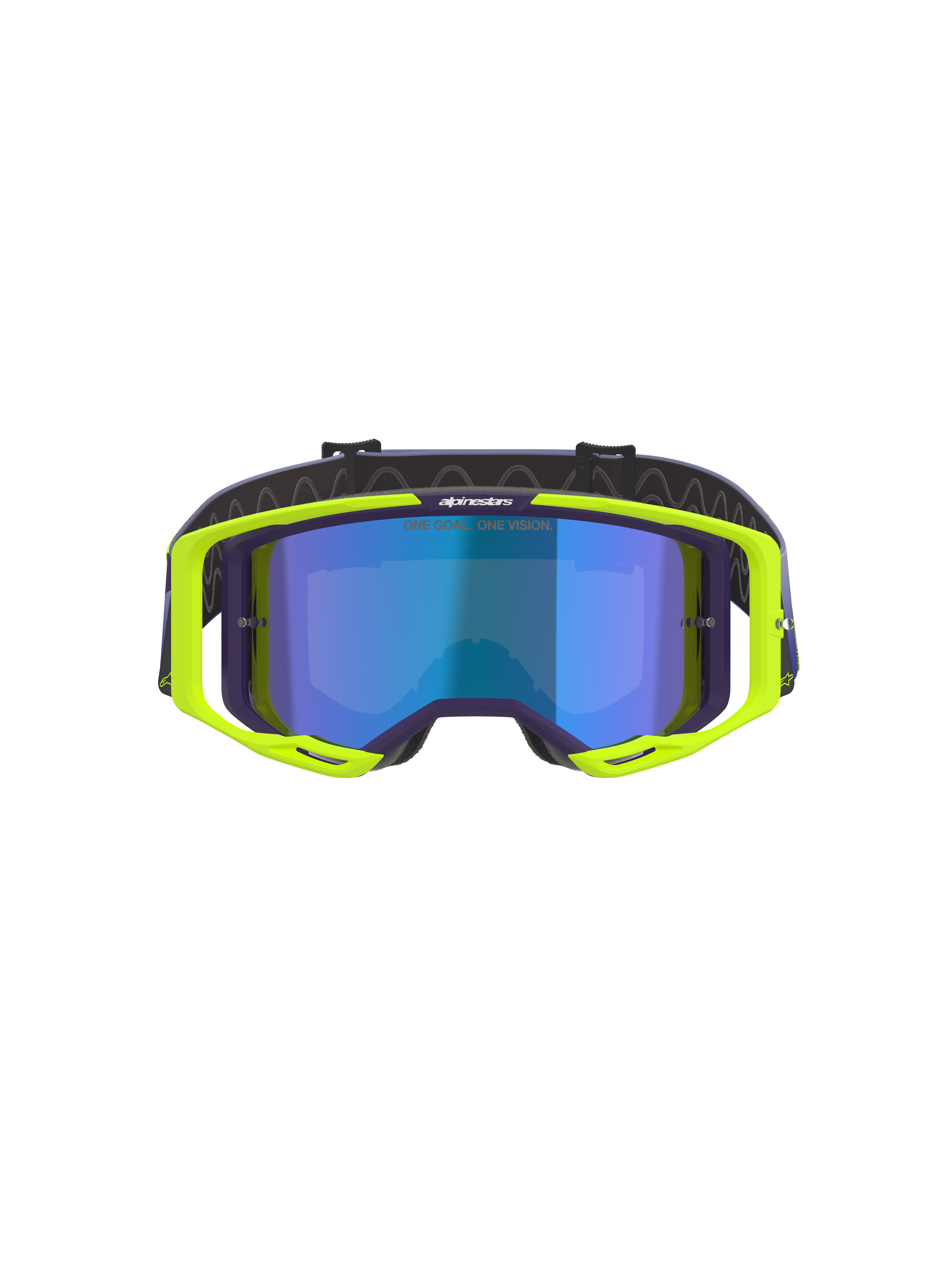 Alpinestars Vision 8 Corp Goggles, Motocross Goggles, Purple and Yellow Fluo, featuring a blue mirror-tinted lens, fluorescent yellow A-FLEX frame with purple accents, and an adjustable purple strap, high-performance off-road eyewear