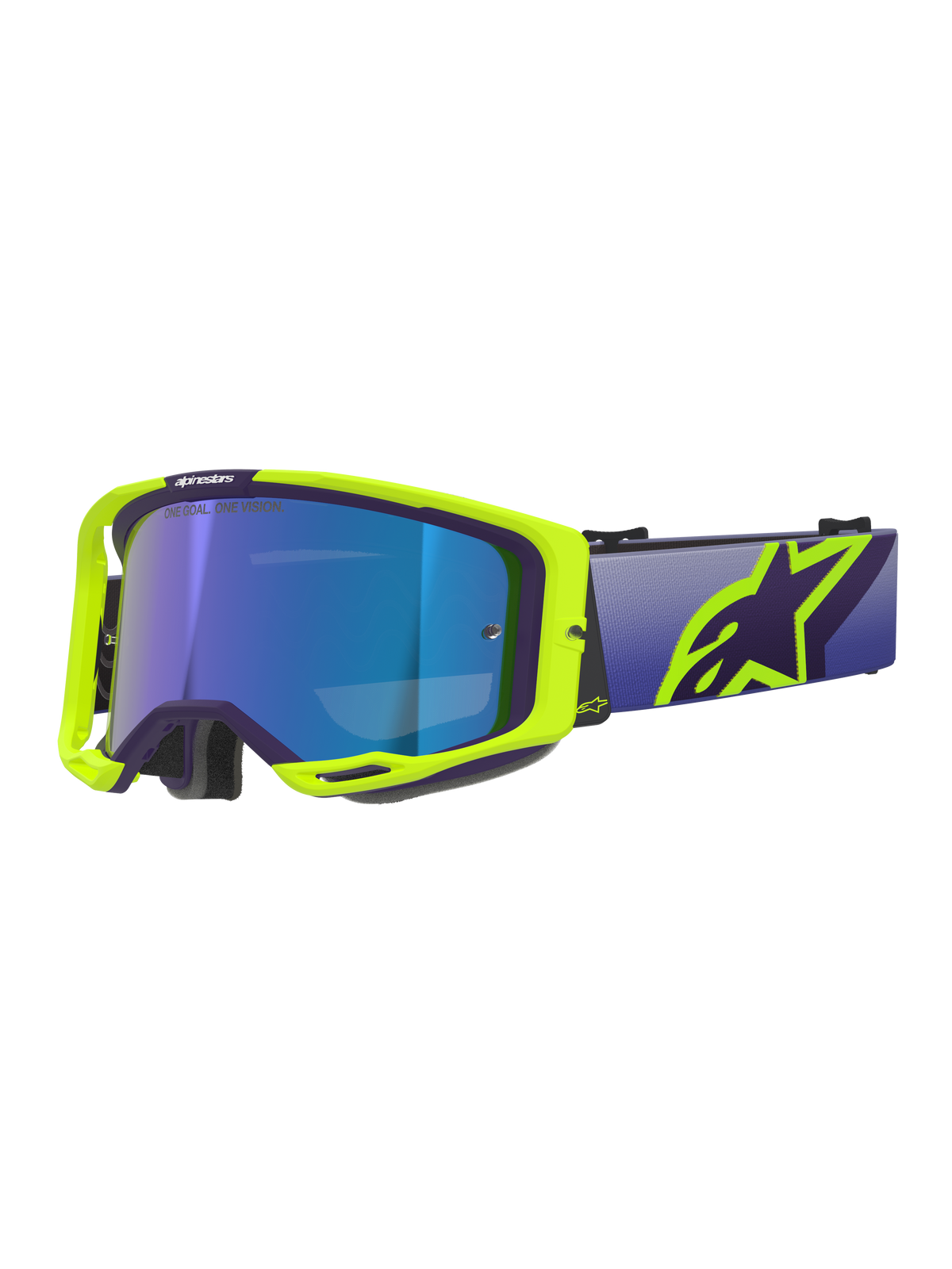 Alpinestars Vision 8 Corp Goggles, Motocross-Brille, lila und neongelber (Fluo) Rahmen mit blau verspiegelten Gläsern, breites lila Brillenband mit auffälligem gelbem Alpinestars-Logo, Hochleistungs-Augenschutz für den Offroad-Rennsport