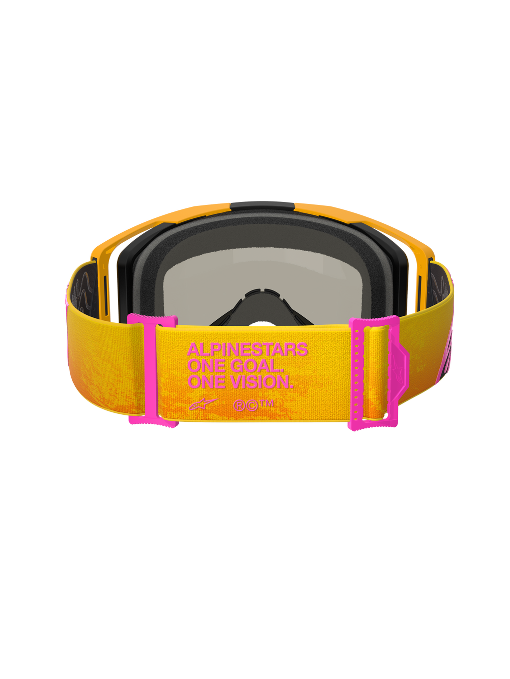Alpinestars Vision 8 Corp Schutzbrille, Motocross-Brille, Orange und Gelb mit pinkfarbenen Akzenten, Rückansicht mit Fokus auf das Brillenband mit dem Text „ALPINESTARS ONE GOAL. ONE VISION.“, pinkfarbene Bandversteller, oranger Rahmen mit schwarzer Schaumstoffpolsterung