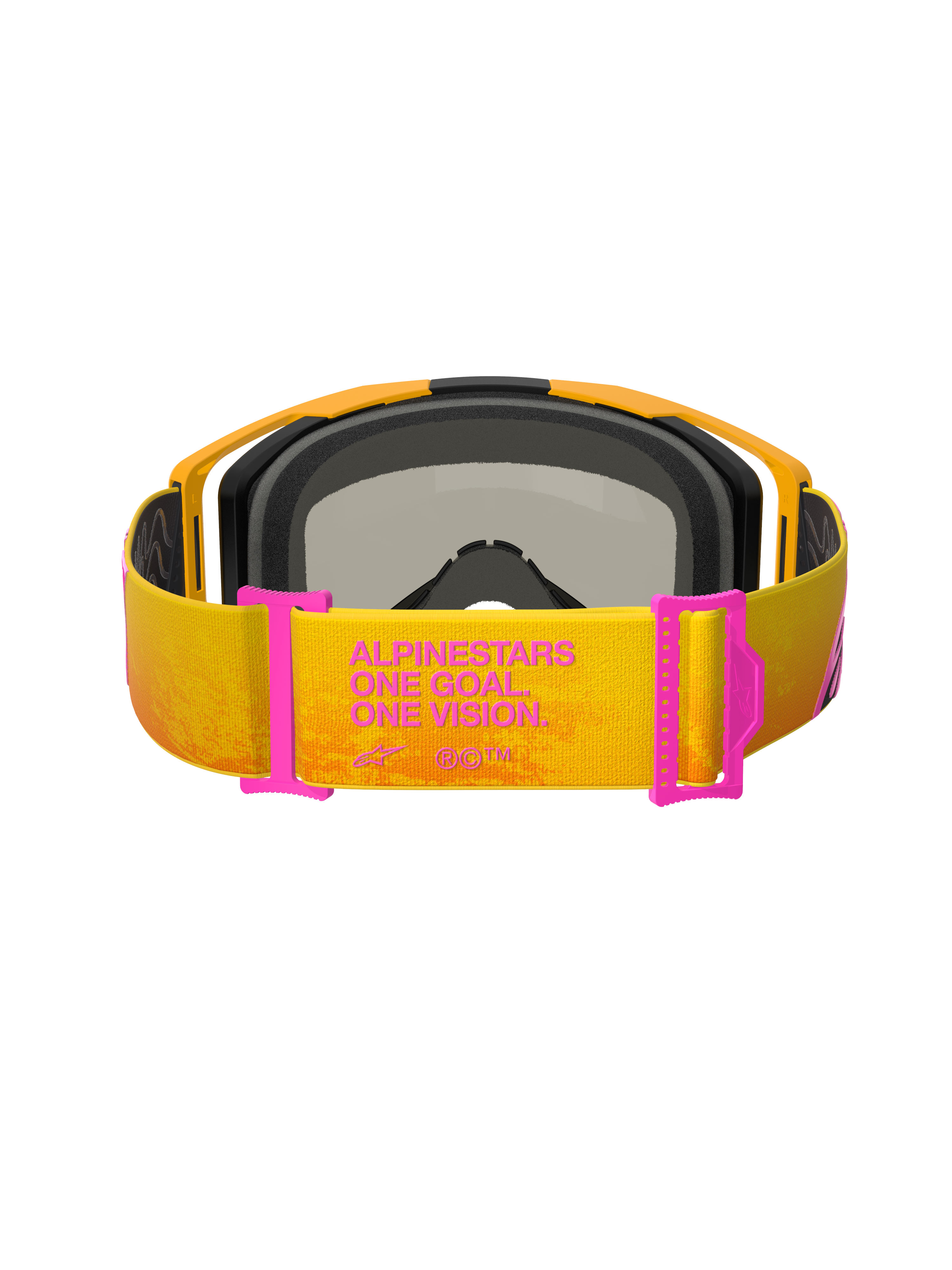 Alpinestars Vision 8 Corp Schutzbrille, Motocross-Brille, Orange und Gelb mit pinkfarbenen Akzenten, Rückansicht mit Fokus auf das Brillenband mit dem Text „ALPINESTARS ONE GOAL. ONE VISION.“, pinkfarbene Bandversteller, oranger Rahmen mit schwarzer Schaumstoffpolsterung