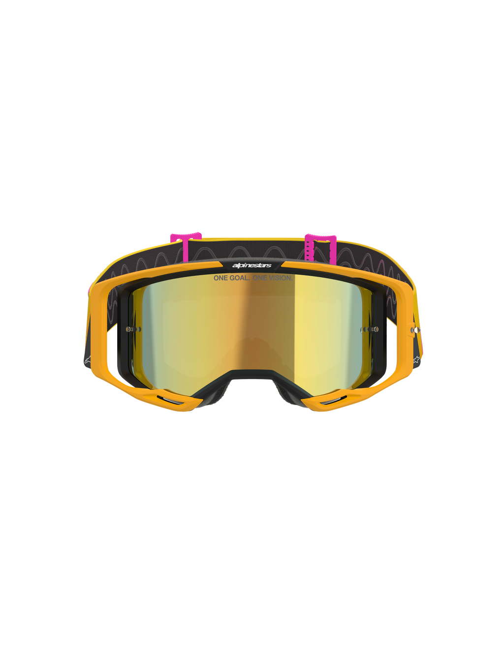 Alpinestars Vision 8 Corp Brille, Motocross-Brille, Orange Yellow Pink Mirror Gold, Vorderansicht mit gold verspiegeltem Brillenglas mit dem Schriftzug 'ONE GOAL. ONE VISION.', leuchtend oranger Rahmen und schwarzes Brillenband mit pinkfarbenen Clips und Wellenlinien-Muster.