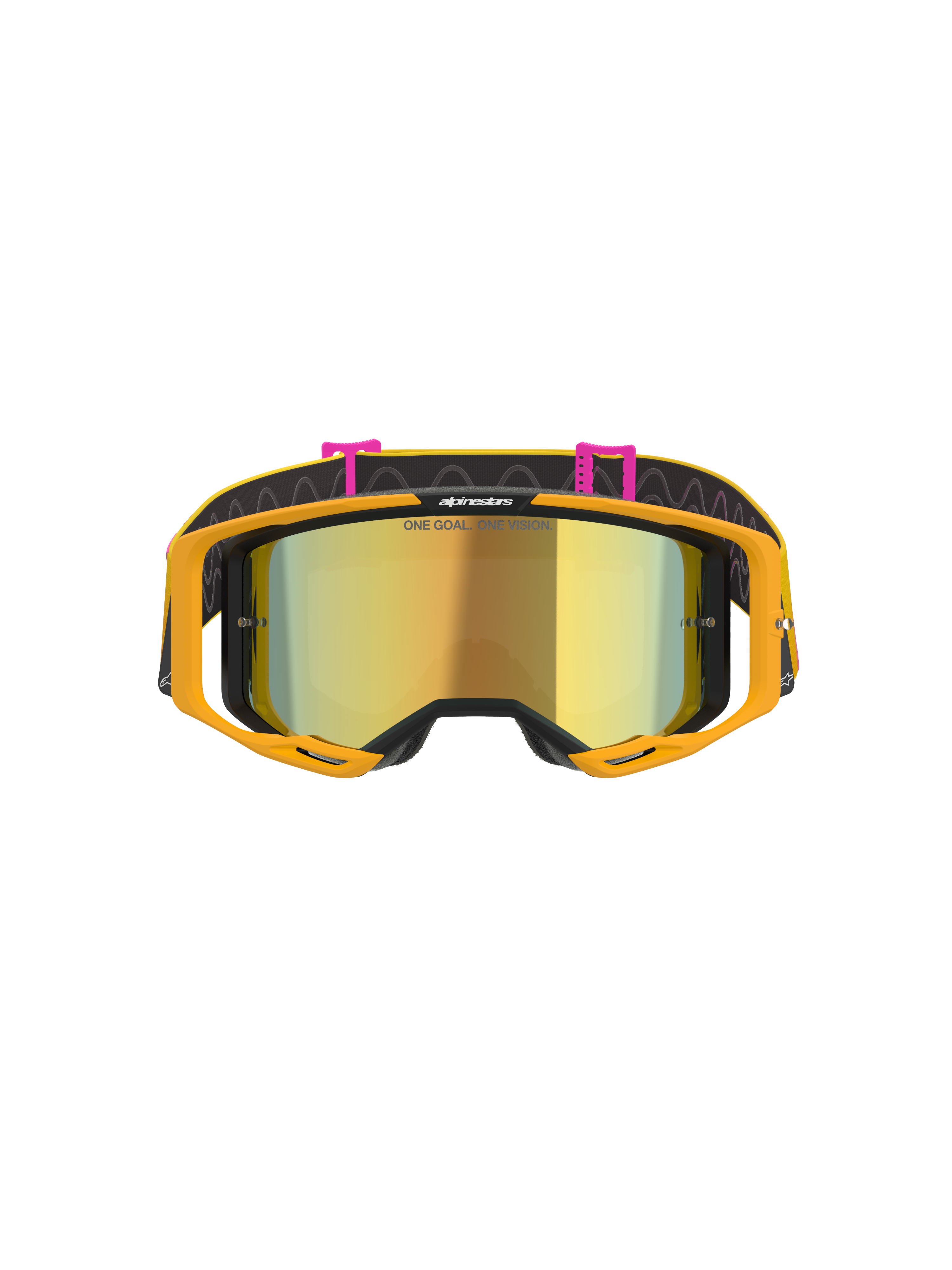 Alpinestars Vision 8 Corp Brille, Motocross-Brille, Orange Yellow Pink Mirror Gold, Vorderansicht mit gold verspiegeltem Brillenglas mit dem Schriftzug 'ONE GOAL. ONE VISION.', leuchtend oranger Rahmen und schwarzes Brillenband mit pinkfarbenen Clips und Wellenlinien-Muster.