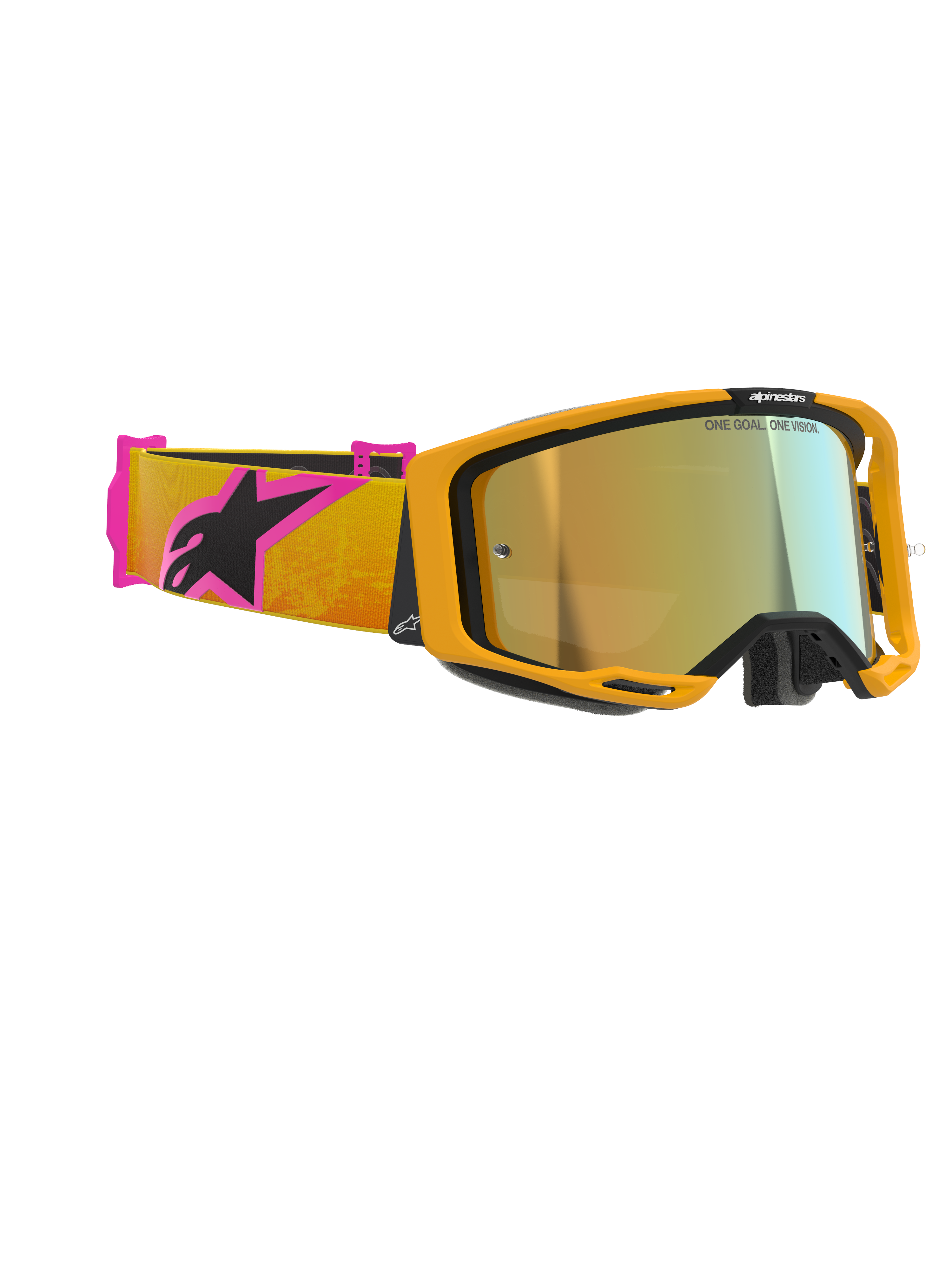 Alpinestars Vision 8 Corp Brille, Motocross-Brille, oranger Rahmen mit goldverspiegelter Scheibe, oranges und pinkes Brillenband mit schwarzem Alpinestars-Logo, Hochleistungsdesign für den Offroad-Rennsport