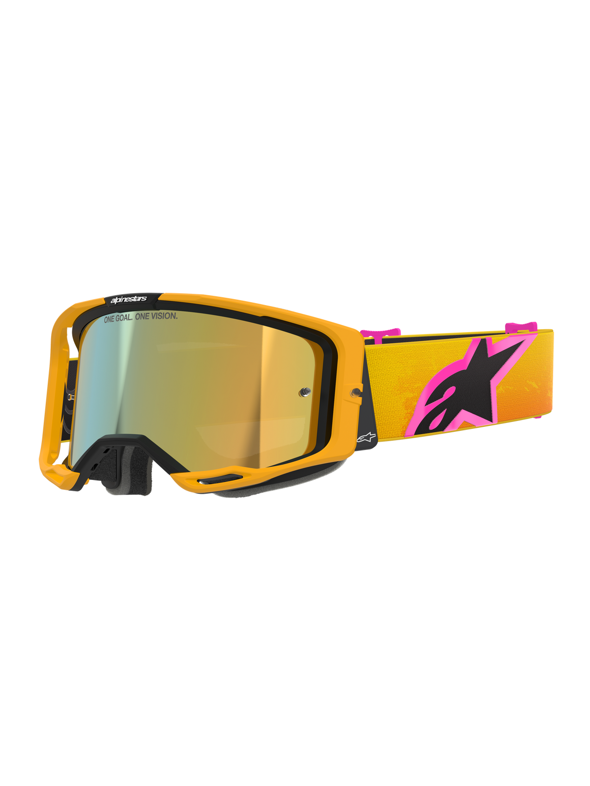 Alpinestars Vision 8 Corp Goggles, Motocross-Brille, oranger Rahmen mit Mirror-Gold-Glas, gelb-oranger Strap mit Farbverlauf und großem pink-schwarzem Alpinestars-Logo, schlankes High-Performance-Design für den Offroad-Rennsport