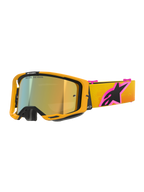 Alpinestars Vision 8 Corp Goggles, Motocross-Brille, oranger Rahmen mit Mirror-Gold-Glas, gelb-oranger Strap mit Farbverlauf und großem pink-schwarzem Alpinestars-Logo, schlankes High-Performance-Design für den Offroad-Rennsport