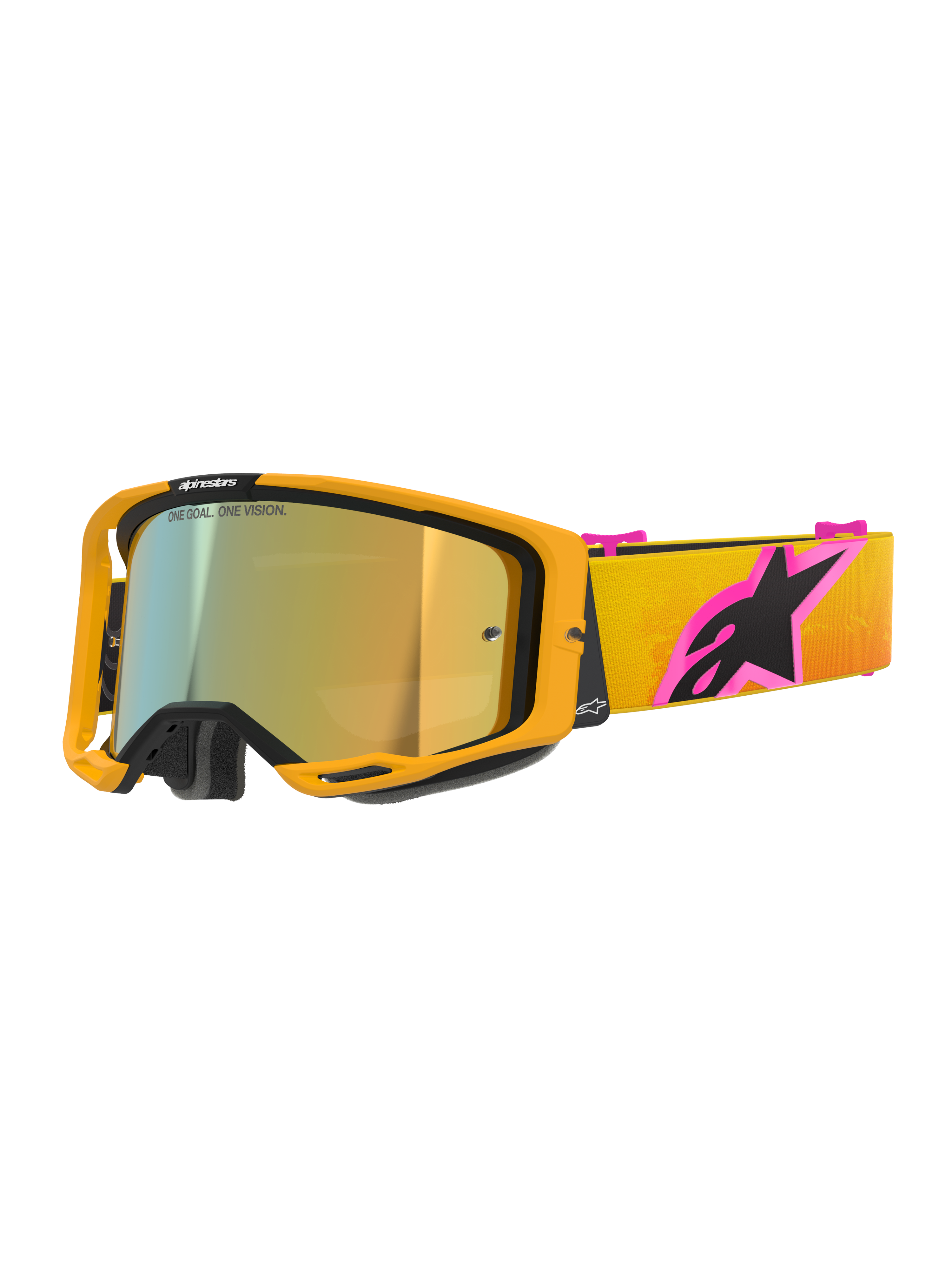 Alpinestars Vision 8 Corp Goggles, Motocross-Brille, oranger Rahmen mit Mirror-Gold-Glas, gelb-oranger Strap mit Farbverlauf und großem pink-schwarzem Alpinestars-Logo, schlankes High-Performance-Design für den Offroad-Rennsport