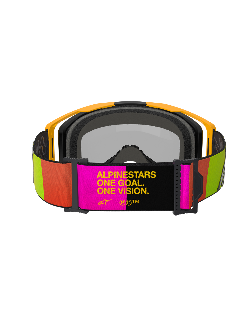 Alpinestars Vision 8 Corp Goggles, Motocross-Brille, Gelb und Pink, Rückansicht mit verstellbarem Band und dem Slogan „ALPINESTARS ONE GOAL. ONE VISION.“, leuchtende limetten- und orangefarbene Akzente, gelber Rahmen mit grauem Gesichtsschaum.