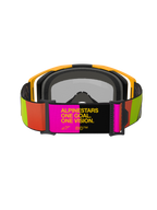 Alpinestars Vision 8 Corp Goggles, Motocross-Brille, Gelb und Pink, Rückansicht mit verstellbarem Band und dem Slogan „ALPINESTARS ONE GOAL. ONE VISION.“, leuchtende limetten- und orangefarbene Akzente, gelber Rahmen mit grauem Gesichtsschaum.