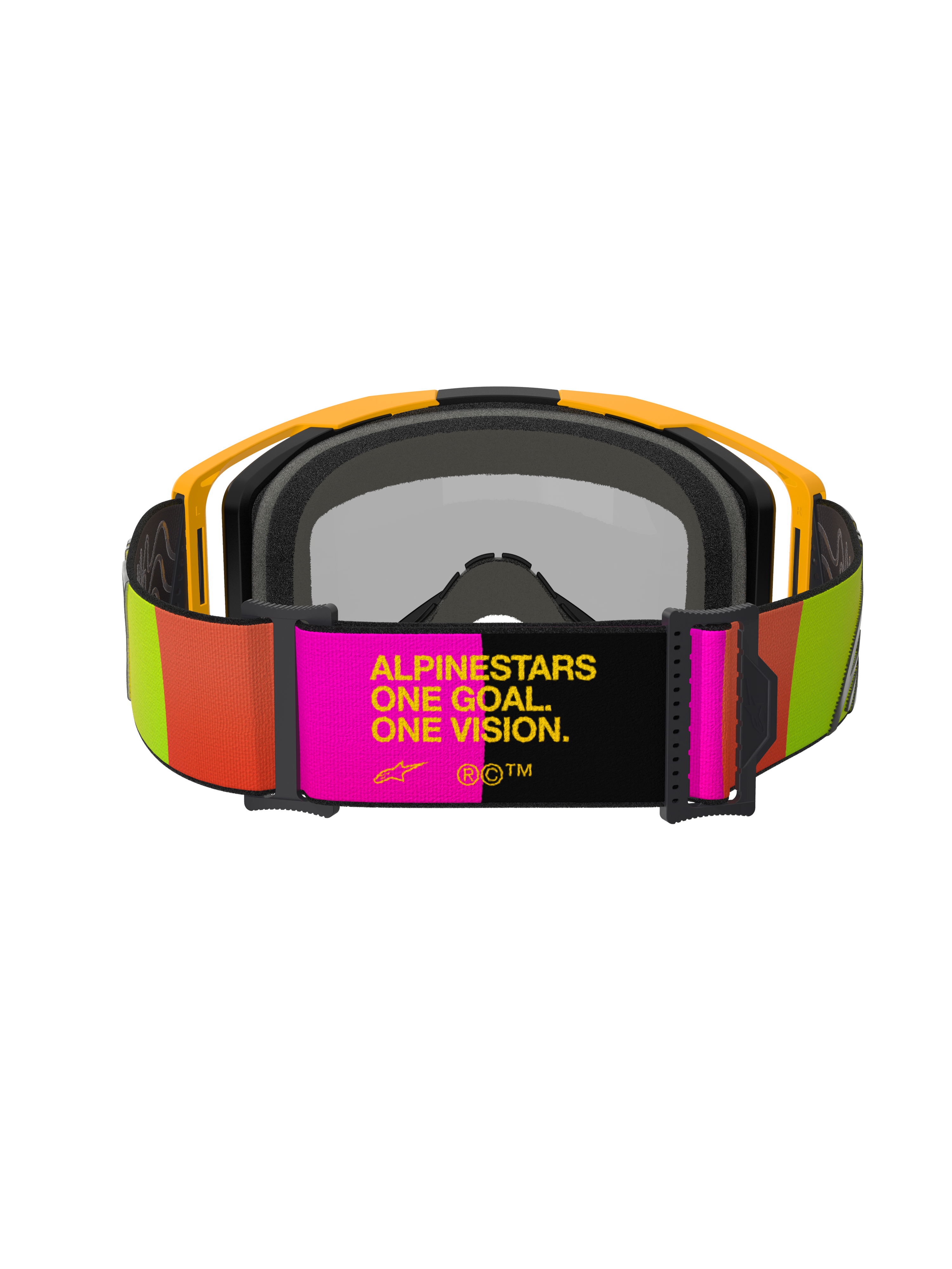 Alpinestars Vision 8 Corp Goggles, Motocross-Brille, Gelb und Pink, Rückansicht mit verstellbarem Band und dem Slogan „ALPINESTARS ONE GOAL. ONE VISION.“, leuchtende limetten- und orangefarbene Akzente, gelber Rahmen mit grauem Gesichtsschaum.