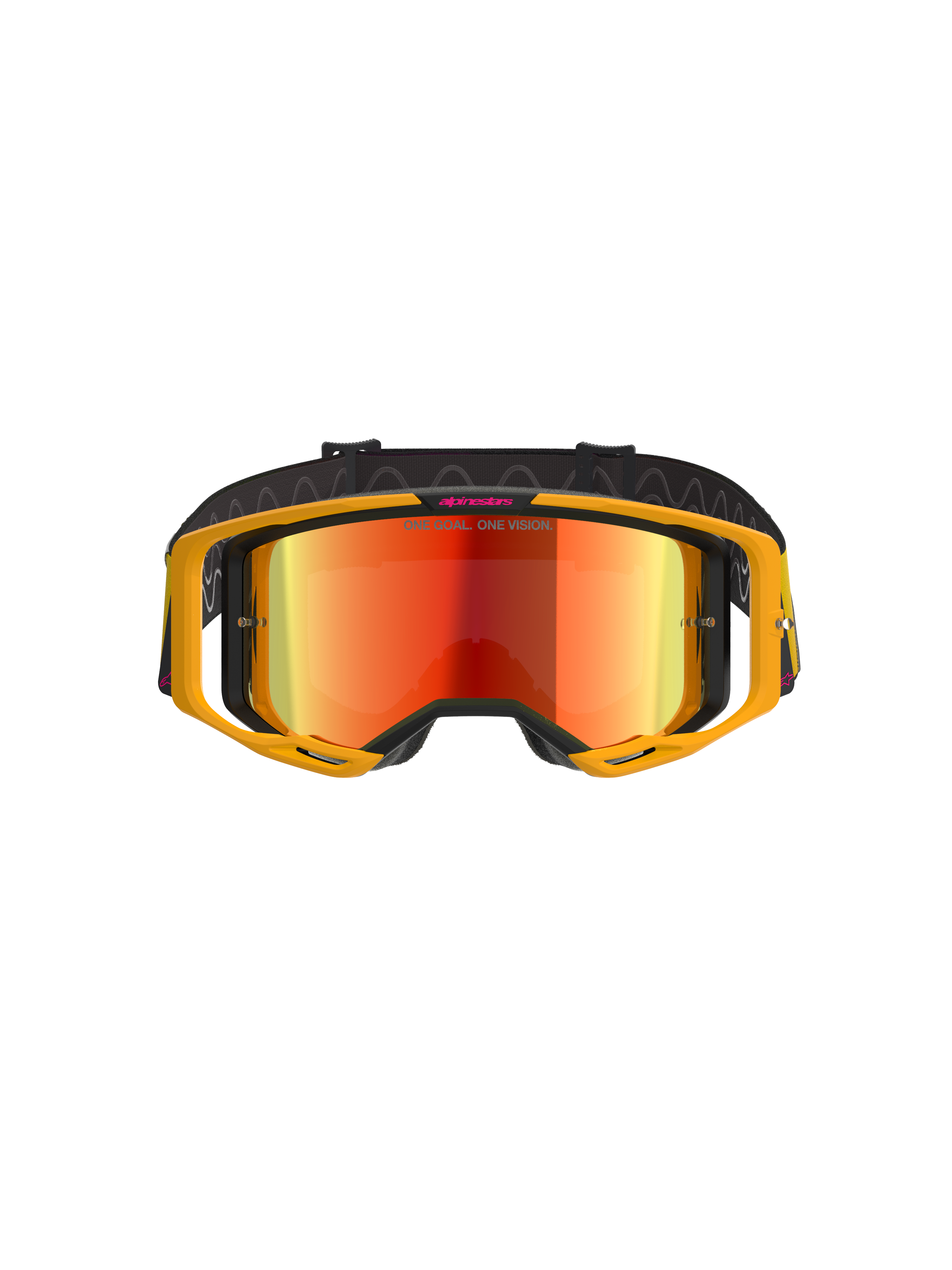 Alpinestars Vision 8 Corp Goggles, Motocross-Brille, Gelb und Pink mit verspiegelter roter Linse, mit einem leuchtend gelben A-FLEX-Rahmen, rot verspiegelter Scheibe und einem schwarzen Band mit pinkem Alpinestars-Branding und dem Text „ONE GOAL. ONE VISION.“, professioneller Augenschutz für den Offroad-Rennsport