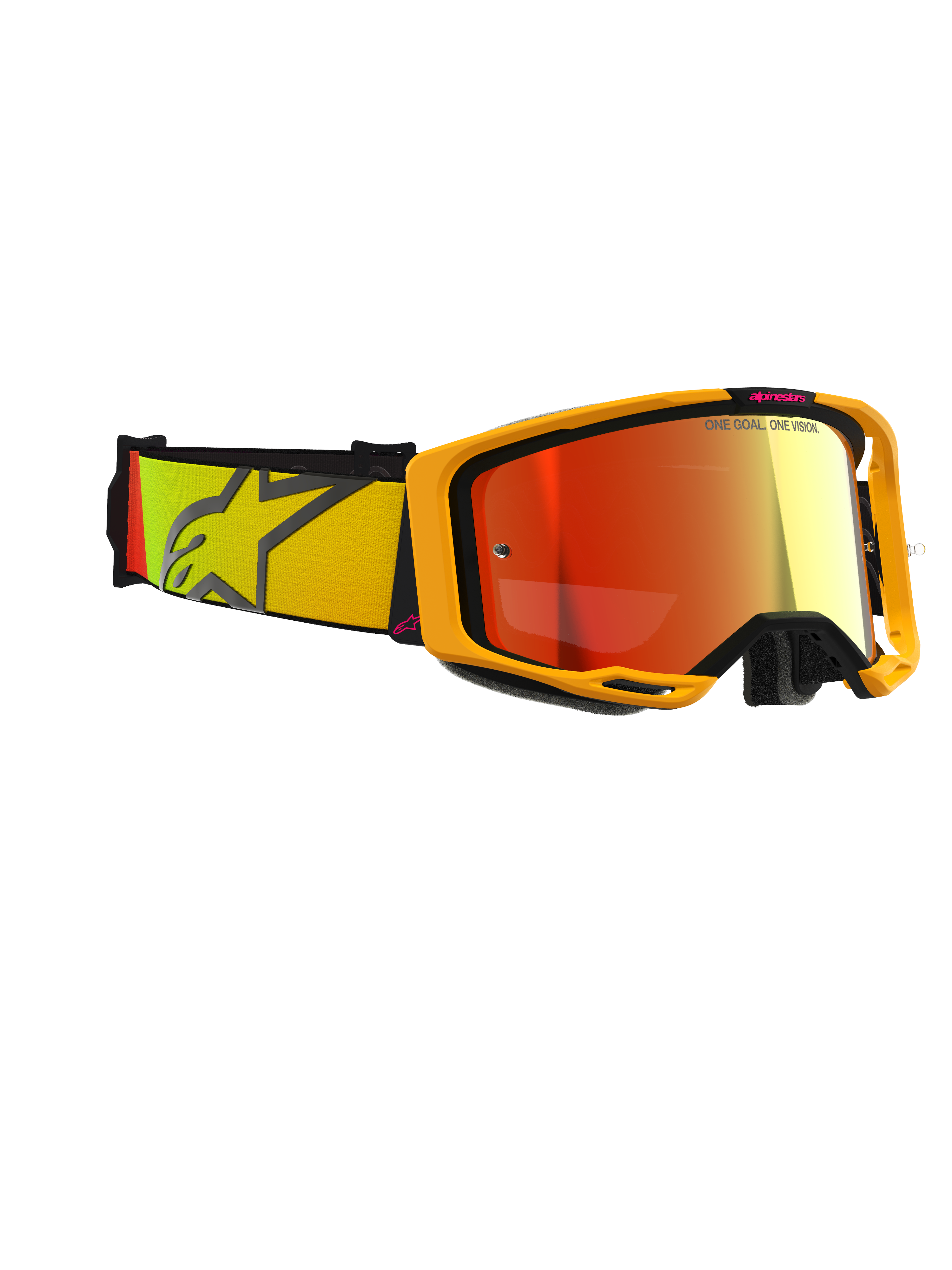 Alpinestars Vision 8 Corp Goggles, Motocross-Brille, Gelb und Rosa mit rot verspiegelter Linse, breites gewebtes Band mit gelb-rosa Farbverlauf und großem Stern-Logo, leichter A-FLEX-Rahmen mit schwarzen Auslegern, Performance-Brille für den Offroad-Rennsport