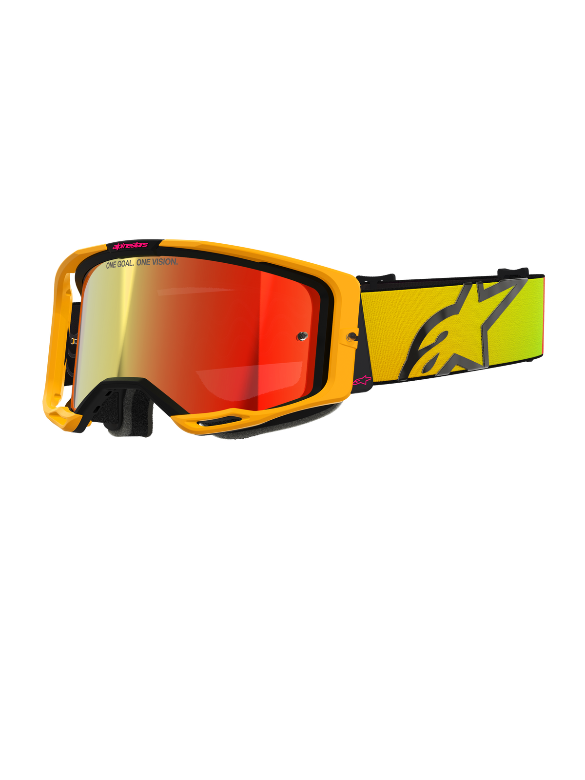 Alpinestars Vision 8 Corp Brille, gelbe und pinke Motocross-Brille, rote verspiegelte Gläser, breites gelbes Band mit großem schwarzem Stern-Logo, 'ONE GOAL. ONE VISION.' Branding, professionelle Offroad-Rennsportbrille