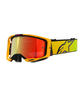 Alpinestars Vision 8 Corp Brille, gelbe und pinke Motocross-Brille, rote verspiegelte Gläser, breites gelbes Band mit großem schwarzem Stern-Logo, 'ONE GOAL. ONE VISION.' Branding, professionelle Offroad-Rennsportbrille