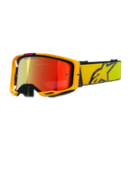 Alpinestars Vision 8 Corp Brille, gelbe und pinke Motocross-Brille, rote verspiegelte Gläser, breites gelbes Band mit großem schwarzem Stern-Logo, 'ONE GOAL. ONE VISION.' Branding, professionelle Offroad-Rennsportbrille