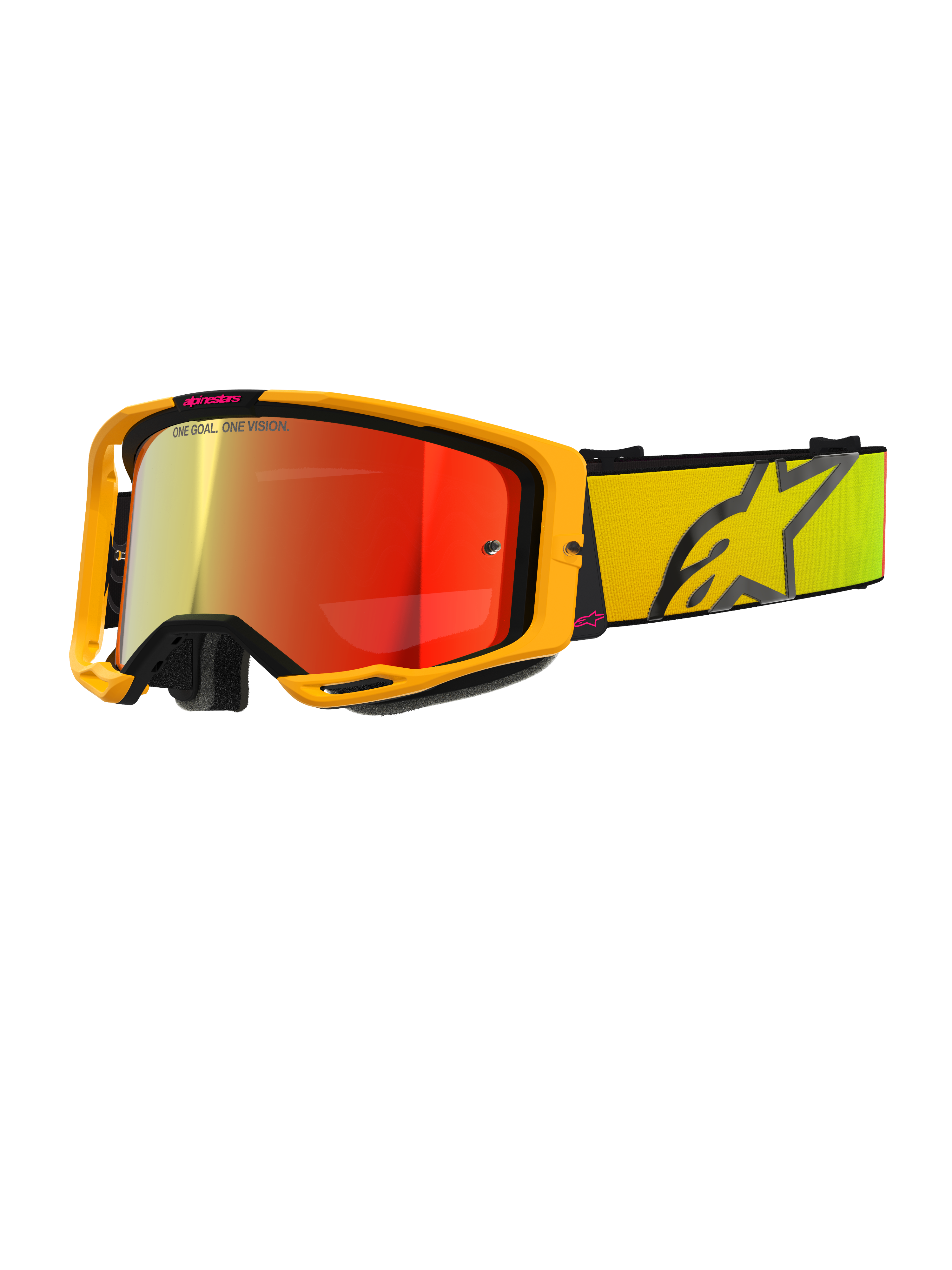Alpinestars Vision 8 Corp Brille, gelbe und pinke Motocross-Brille, rote verspiegelte Gläser, breites gelbes Band mit großem schwarzem Stern-Logo, 'ONE GOAL. ONE VISION.' Branding, professionelle Offroad-Rennsportbrille