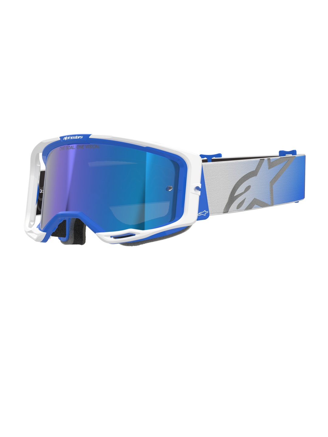Alpinestars Vision 8 Corp Schutzbrille, Motocross-Brille, blau-weißer Rahmen, blau verspiegelte reflektierende Linse mit lila Tönung, breites verstellbares graues Band mit blauem Farbverlauf und großem Stern-Logo, RAM-AIR Belüftung, „ONE GOAL. ONE VISION.“ Branding