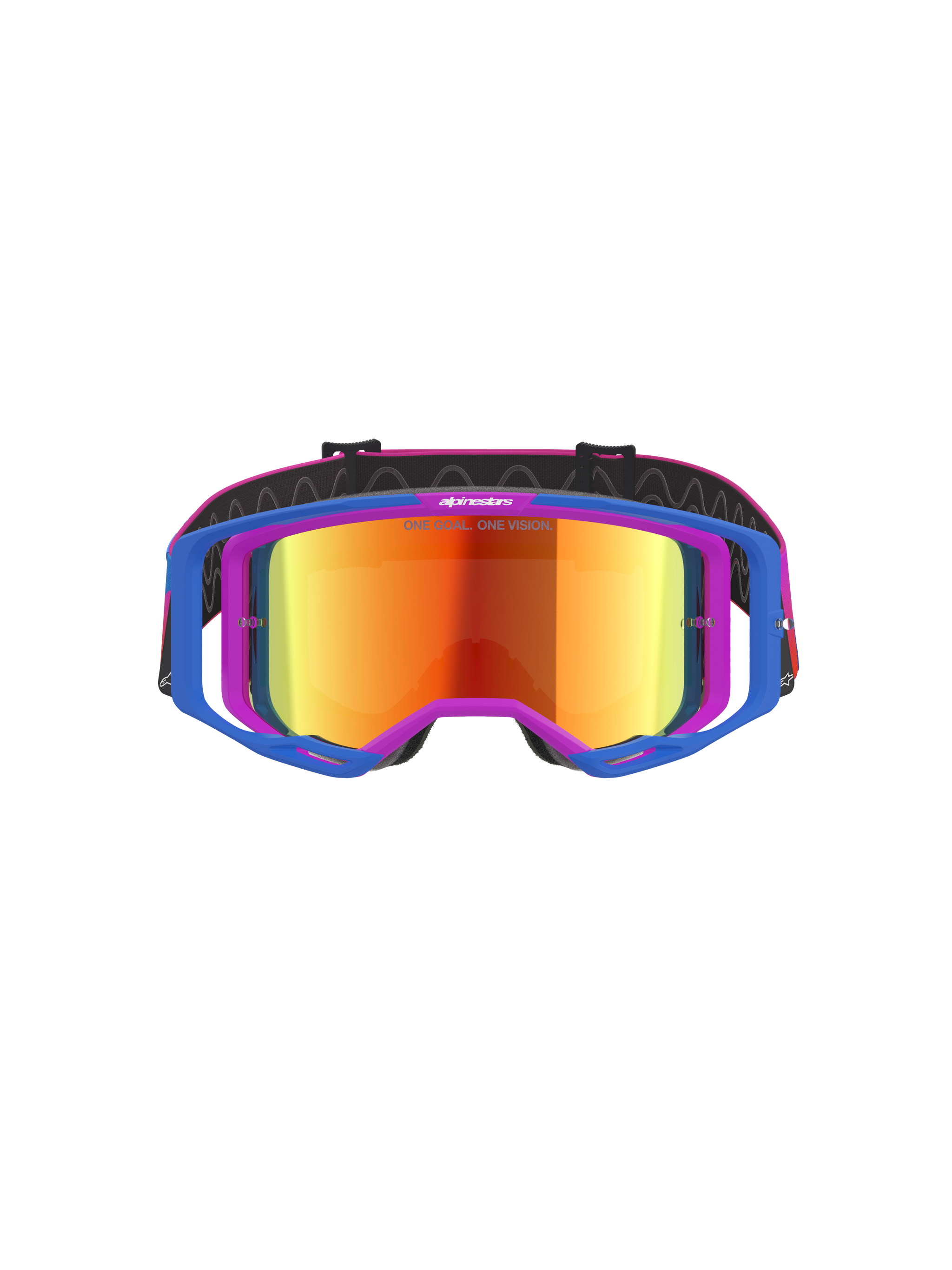Alpinestars Vision 8 Corp Goggles, Motocross-Brille, blau-lila Rahmen mit orange-rot verspiegeltem Glas, blauen Auslegern und pinkem Kopfband, Performance-Schutzbrille für Offroad- und Motocross-Rennen