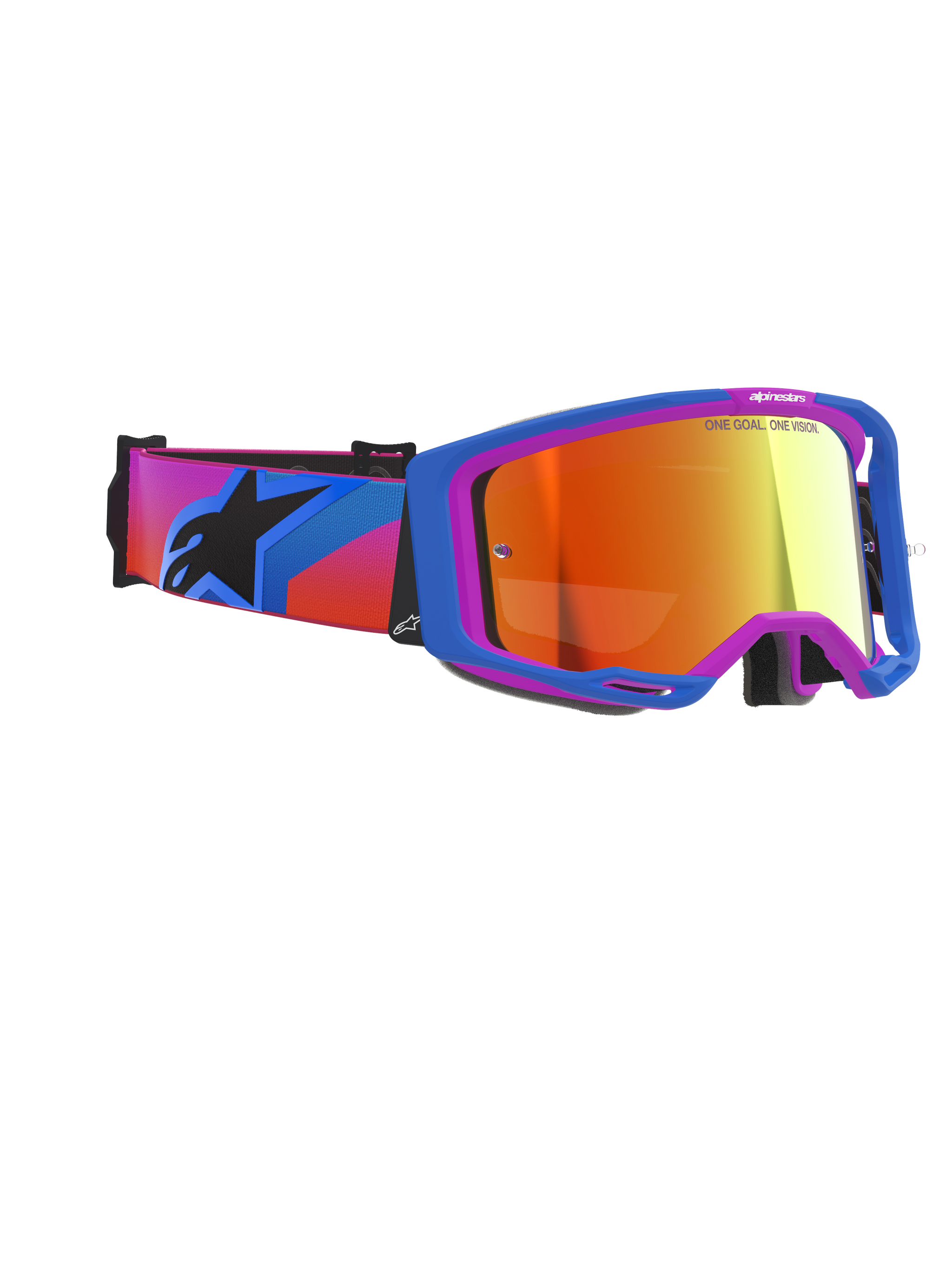 Alpinestars Vision 8 Corp Goggles, Motocross-Brille, UCLA Blau und Lila Rahmen mit Mirror Red verspiegelter Linse, buntes Band mit Farbverlauf und schwarzem Alpinestars-Logo, hochwertige Offroad-Performance-Brille