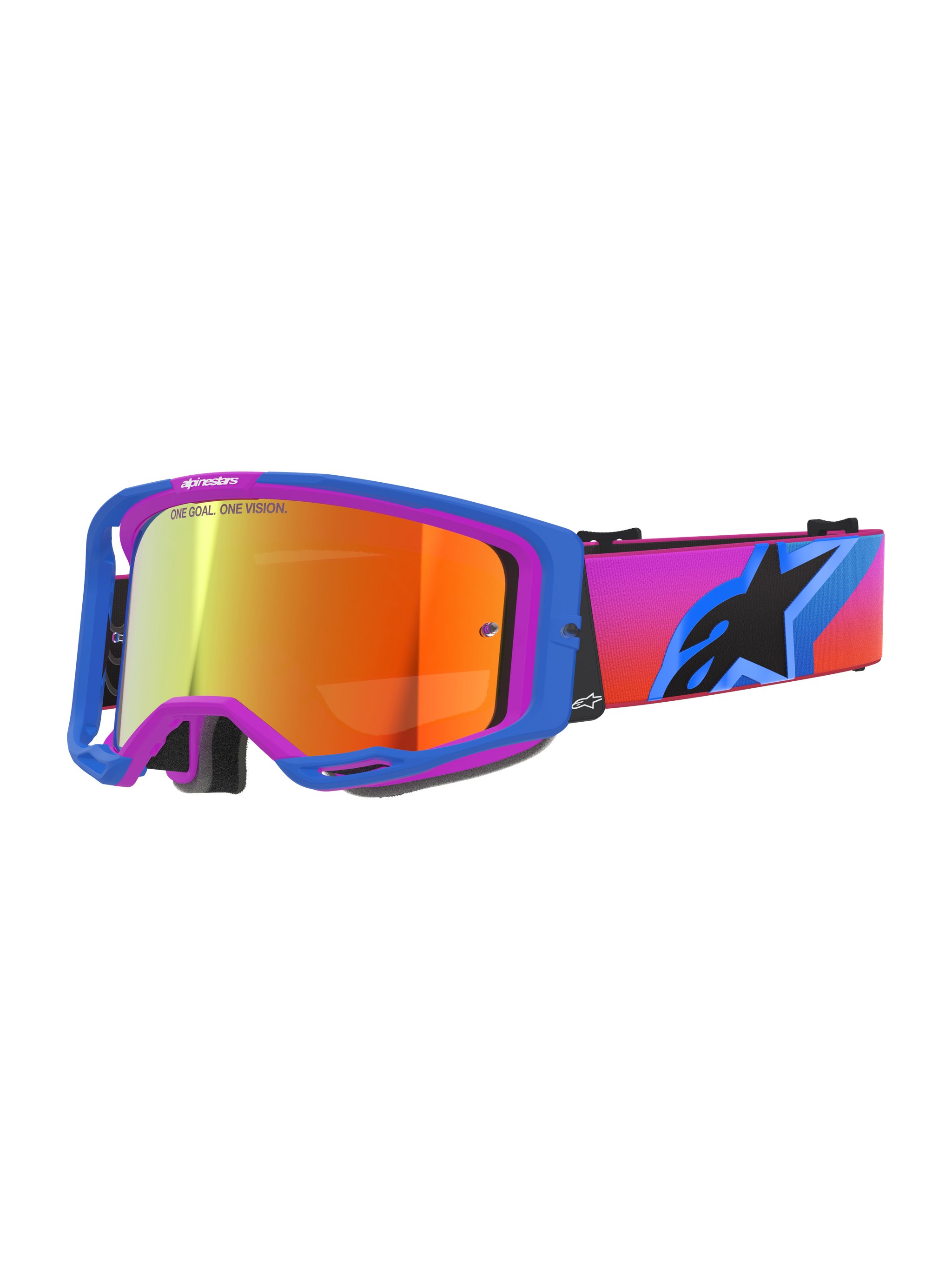 Alpinestars Vision 8 Corp Brille, Motocross-Brille, Rahmen in UCLA Blau und Lila, rot verspiegeltes Brillenglas, auffälliges Kopfband mit Farbverlauf und Alpinestars Stern-Logo, professionelle Offroad-Rennausrüstung