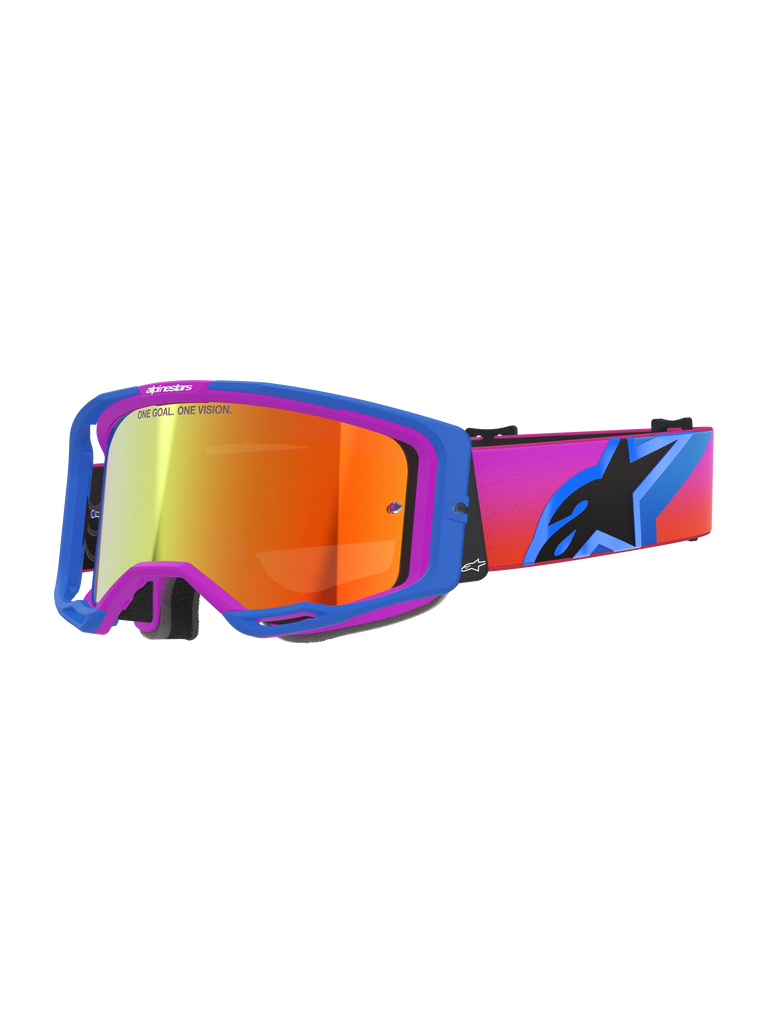 Alpinestars Vision 8 Corp Goggles, Motocross Goggles, UCLA Blue and Purple frame, Mirror Red tinted lens, vibrant gradient strap with Alpinestars star logo, professional off-road racing eyewear