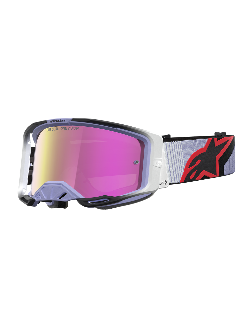 Alpinestars Vision 8 Maven Motocross-Schutzbrille in Lavendel und Schwarz mit pink verspiegelter Anti-Beschlag-Scheibe.